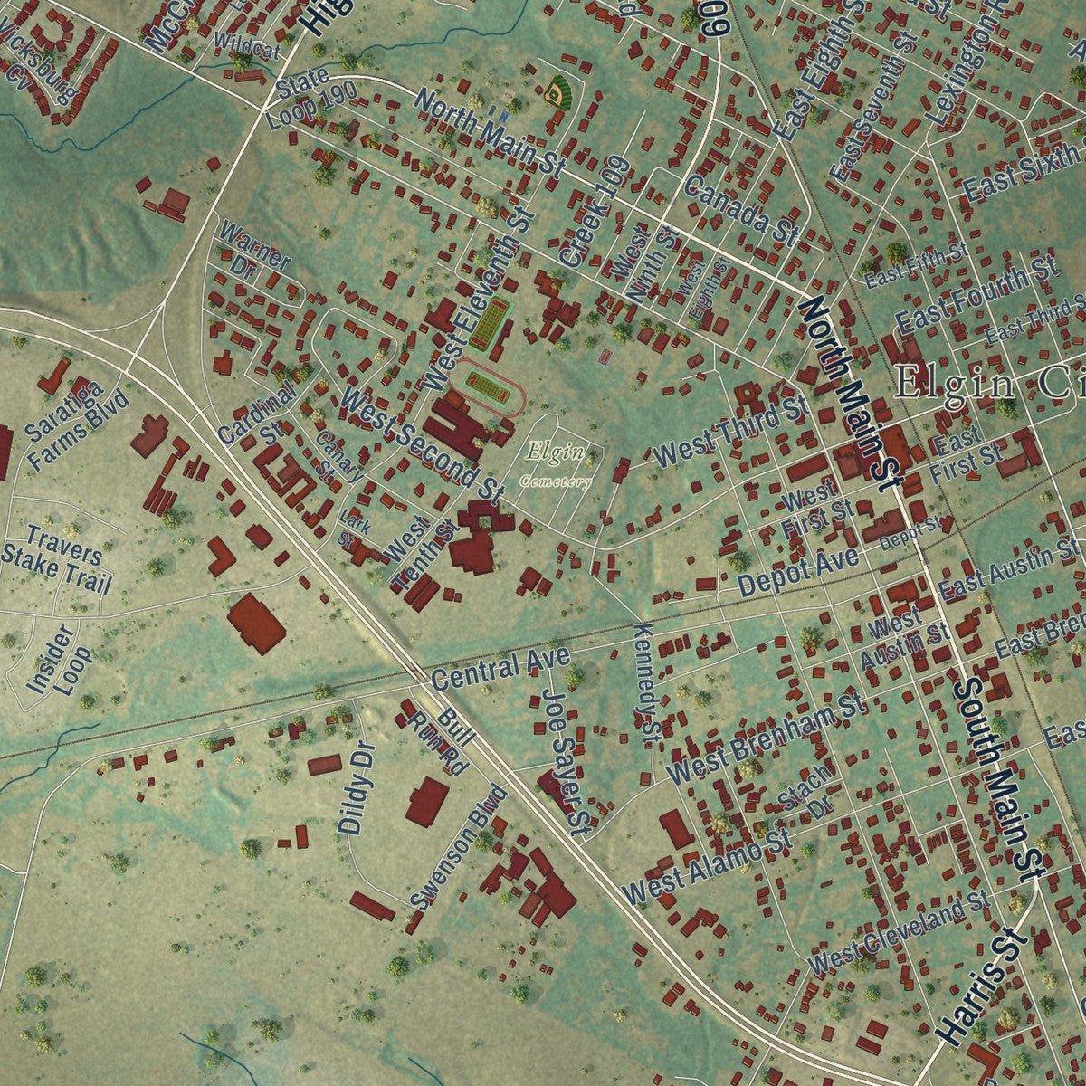 Close-up of the map of Elgin, Texas print showing street and building detail