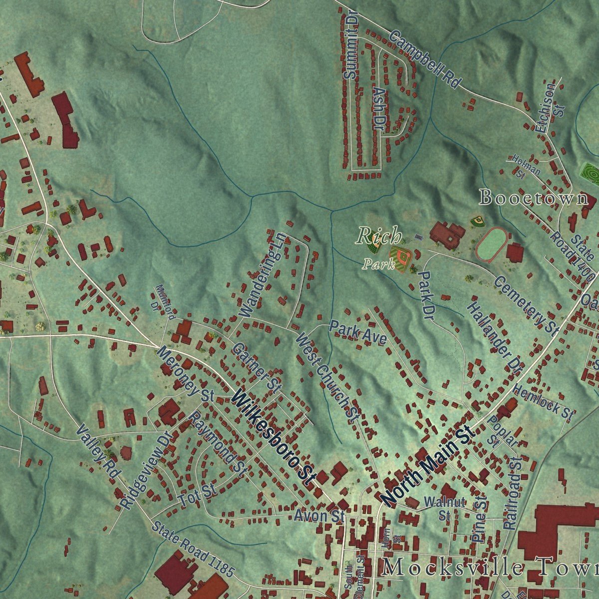 Close-up of the map of Mocksville, North Carolina print showing street and building detail