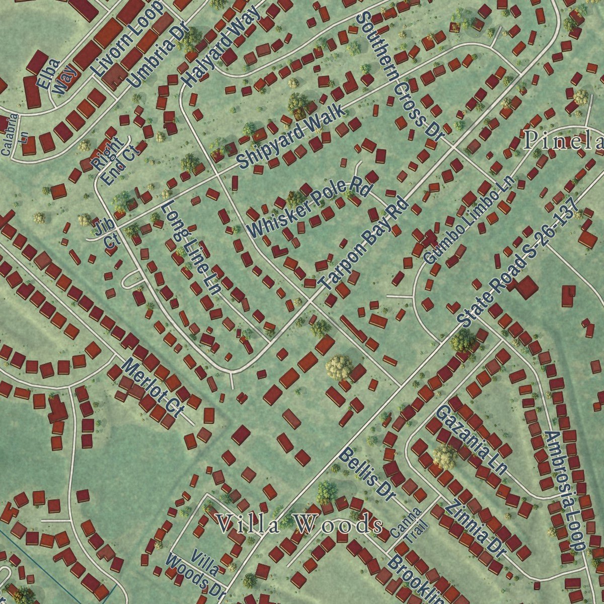 Close-up of the map of Forestbrook, South Carolina print showing street and building detail