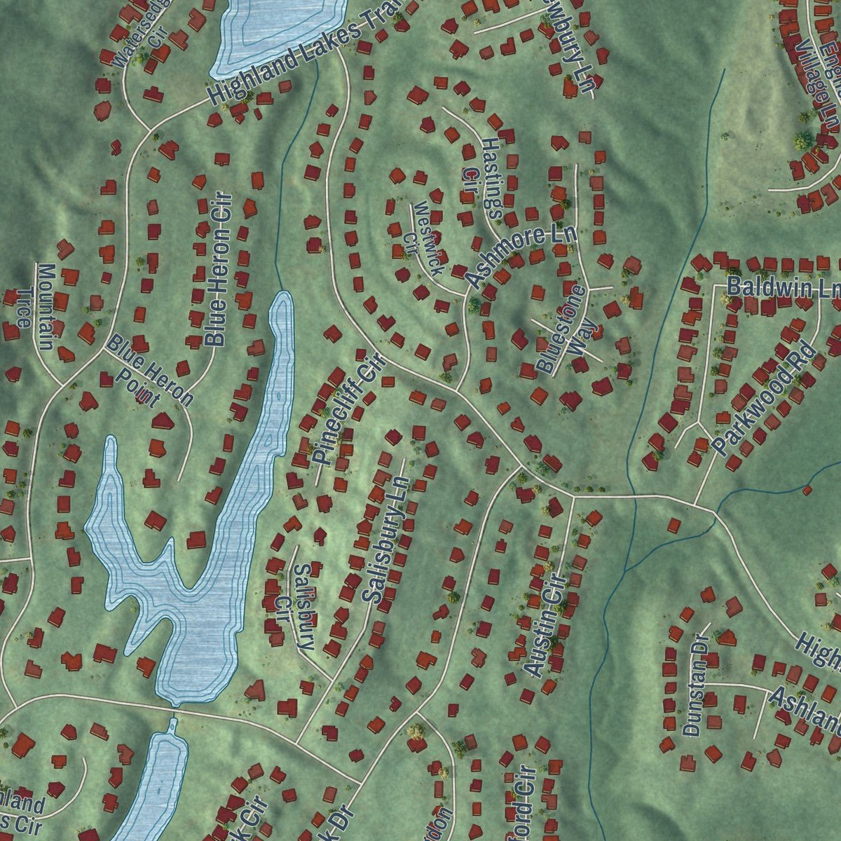 Close-up of the map of Highland Lakes, Alabama print showing street and building detail