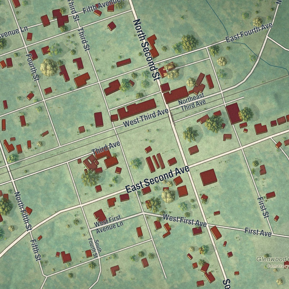 Close-up of the map of Glenwood, Georgia print showing street and building detail