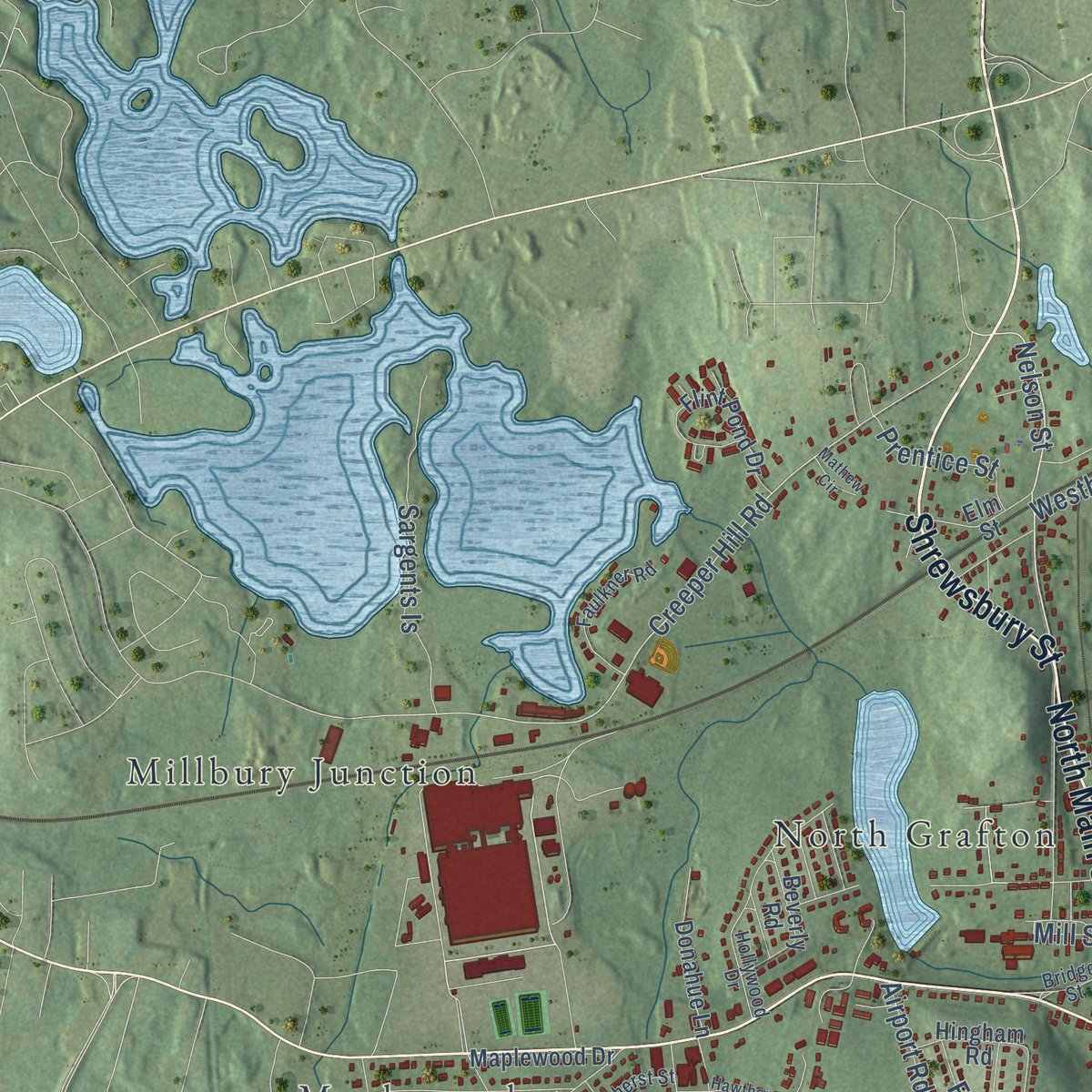 Close-up of the map of Grafton, Massachusetts print showing street and building detail