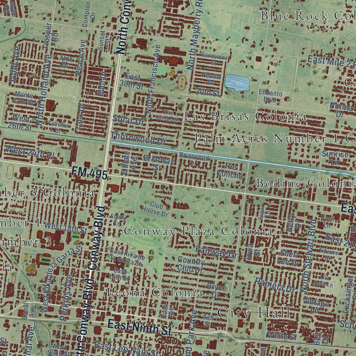 Close-up of the map of Mission, Texas print showing street and building detail