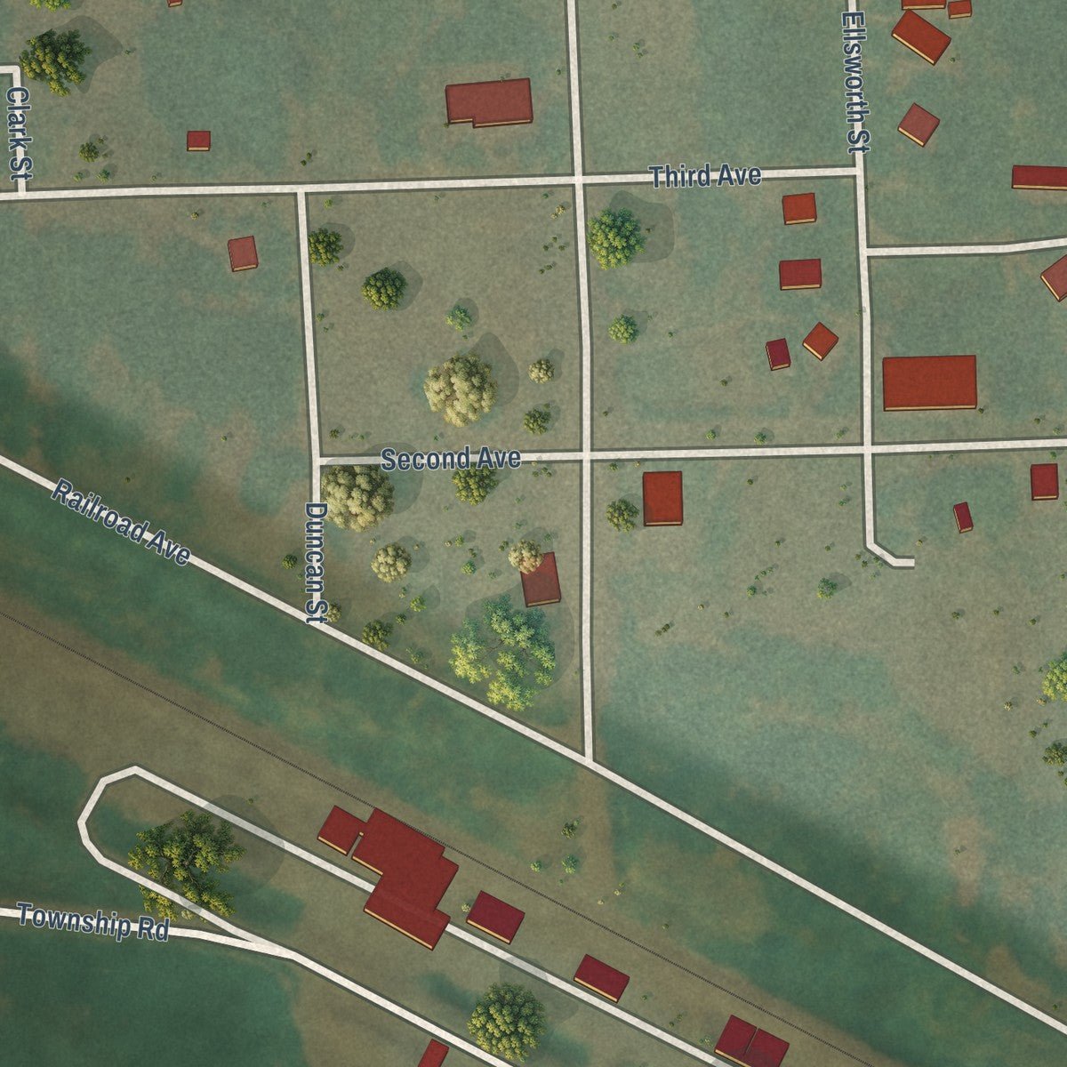 Close-up of the map of Luverne, North Dakota print showing street and building detail