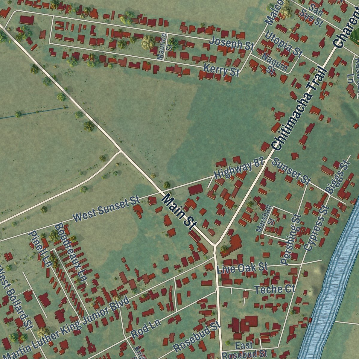 Close-up of the map of Baldwin, Louisiana print showing street and building detail