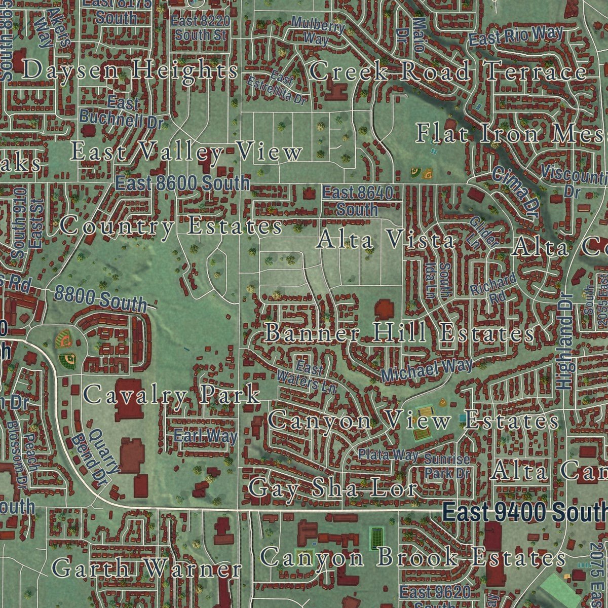Close-up of the map of Sandy, Utah print showing street and building detail