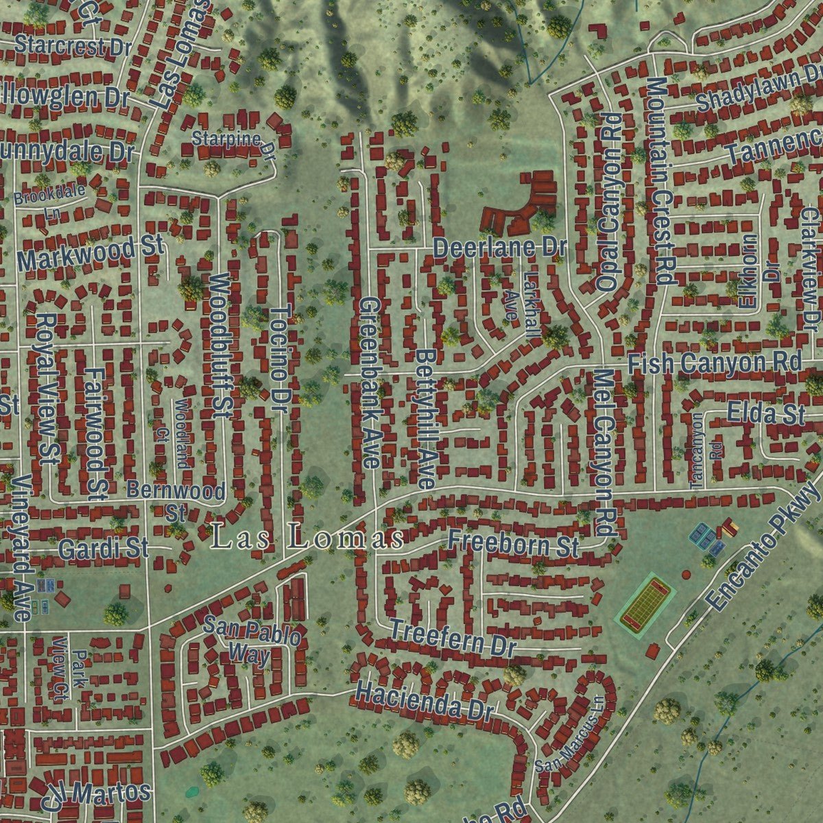 Close-up of the map of Duarte, California print showing street and building detail