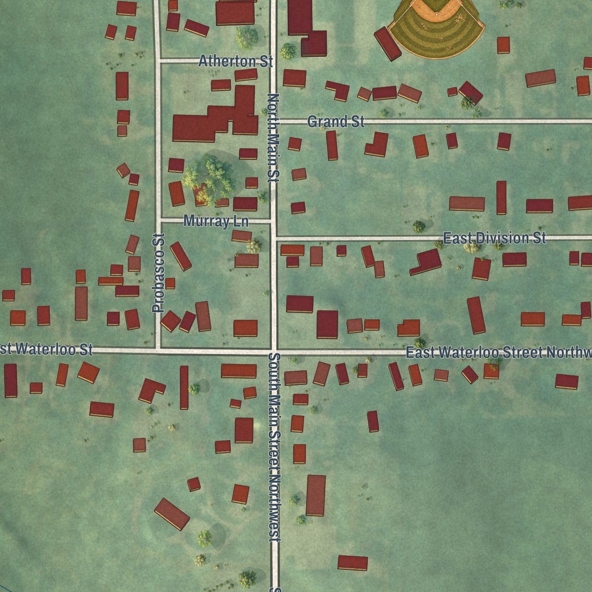Close-up of the map of Casnovia, Michigan print showing street and building detail