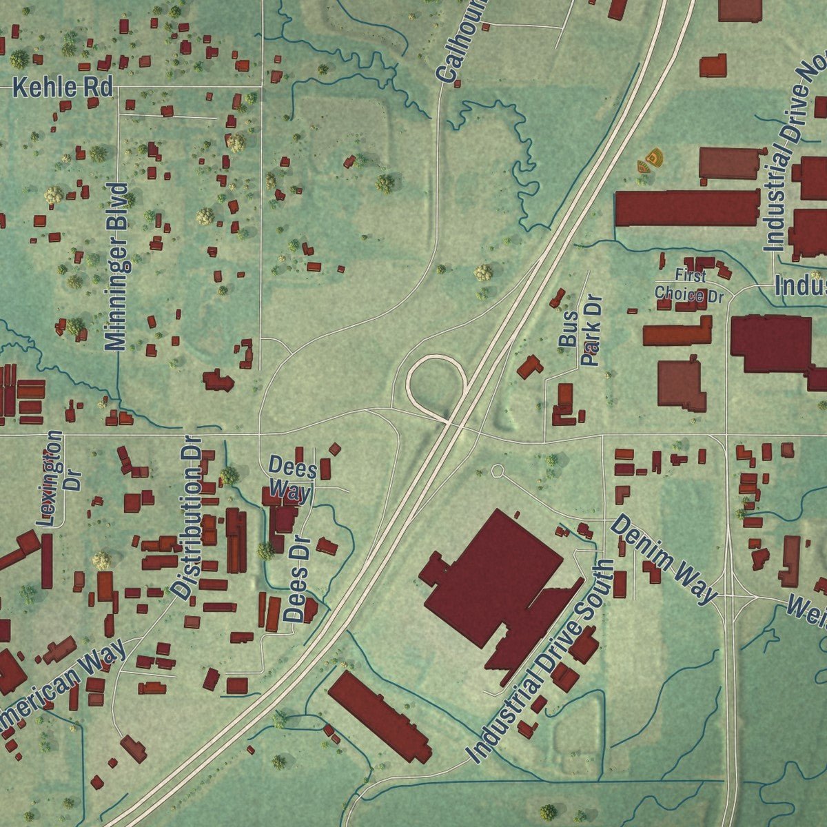Close-up of the map of Gluckstadt, Mississippi print showing street and building detail