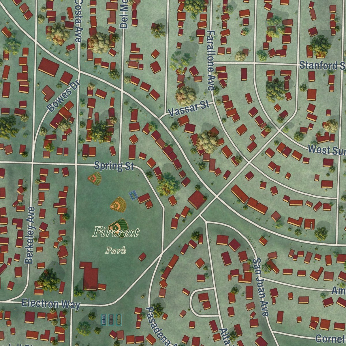 Close-up of the map of Fircrest, Washington print showing street and building detail