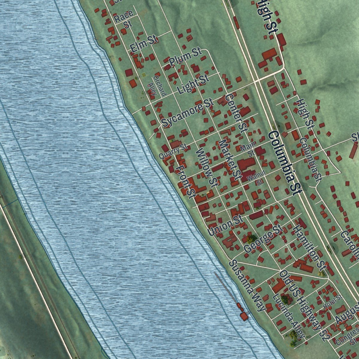 Close-up of the map of New Richmond, Ohio print showing street and building detail