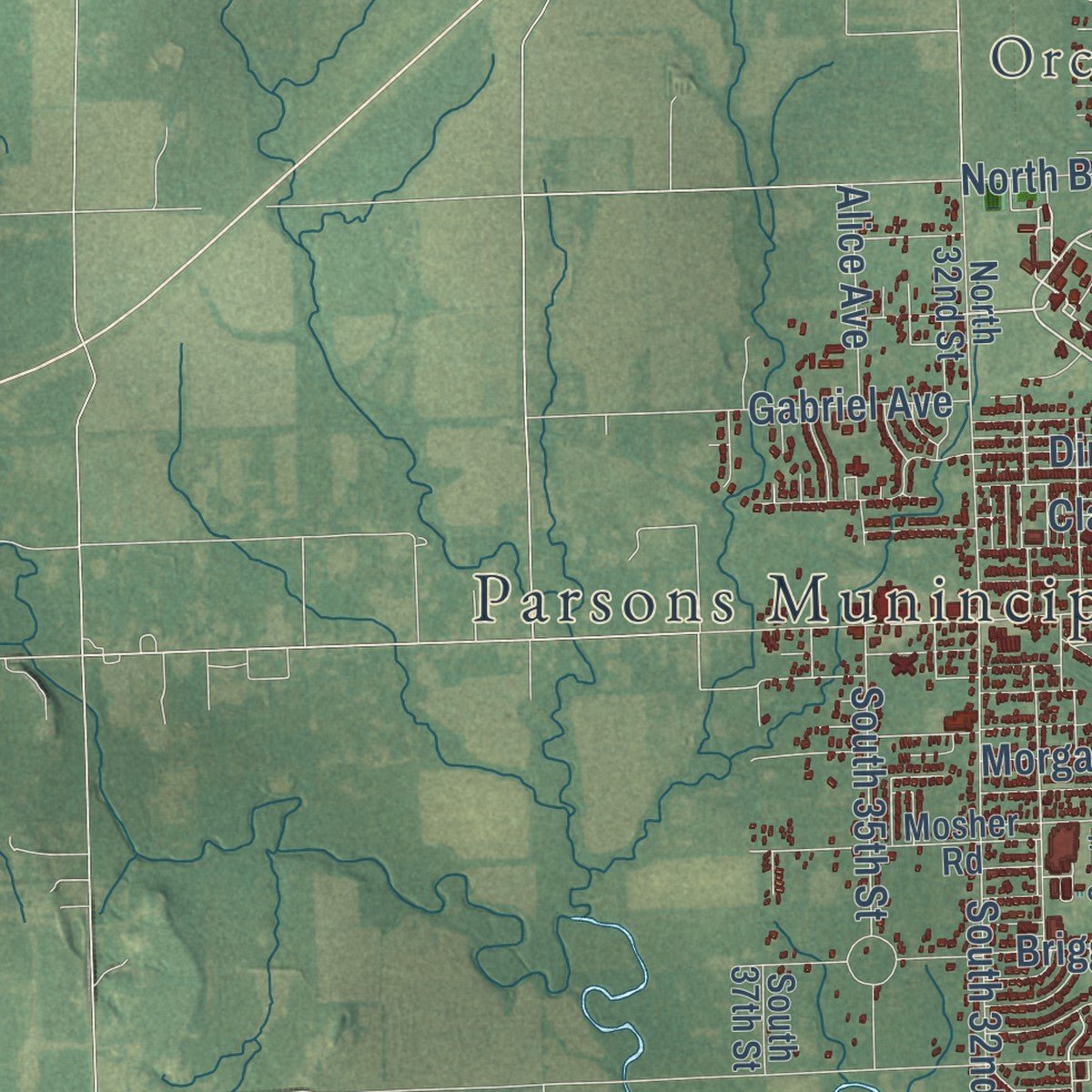Close-up of the map of Parsons, Kansas print showing street and building detail