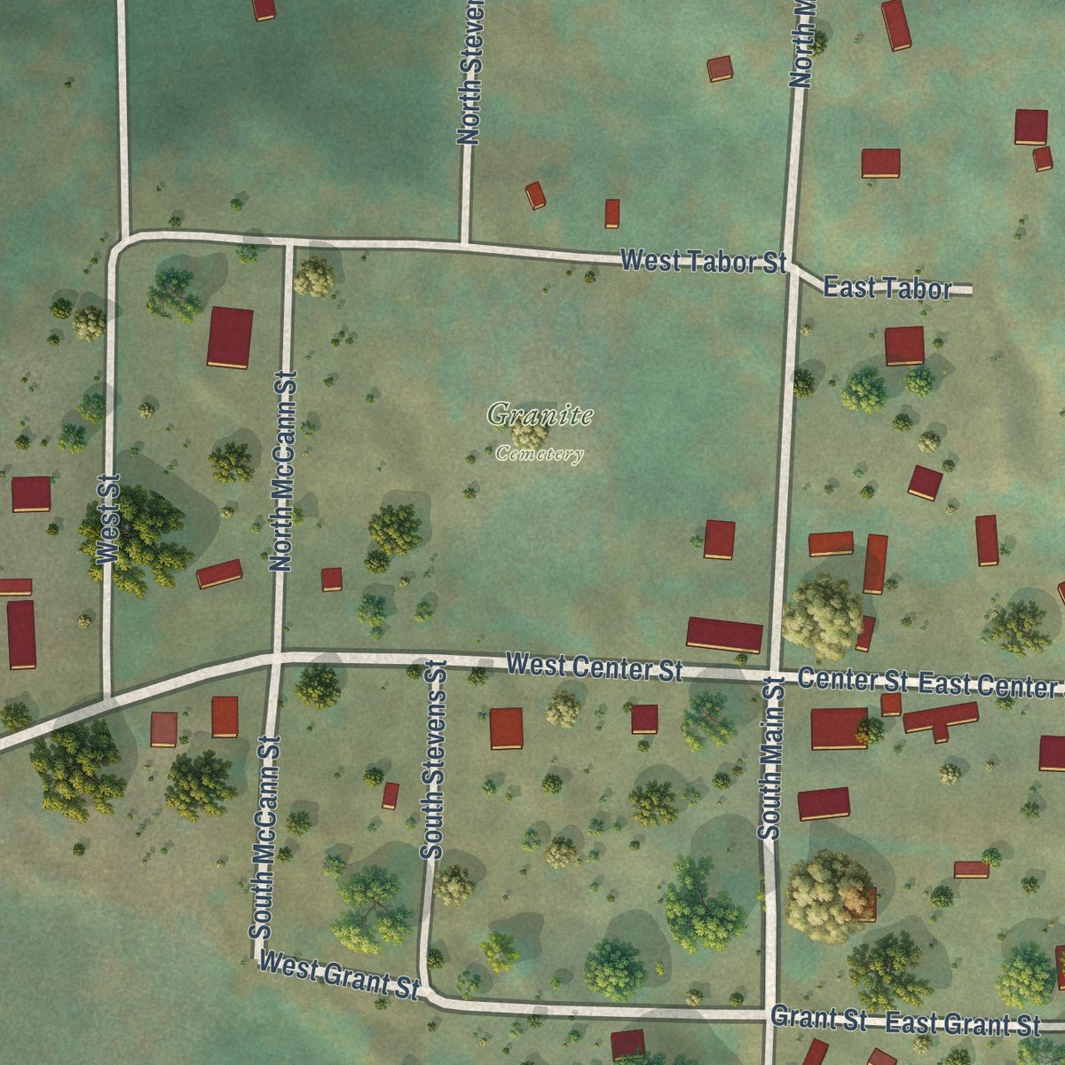 Close-up of the map of Granite, Oregon print showing street and building detail