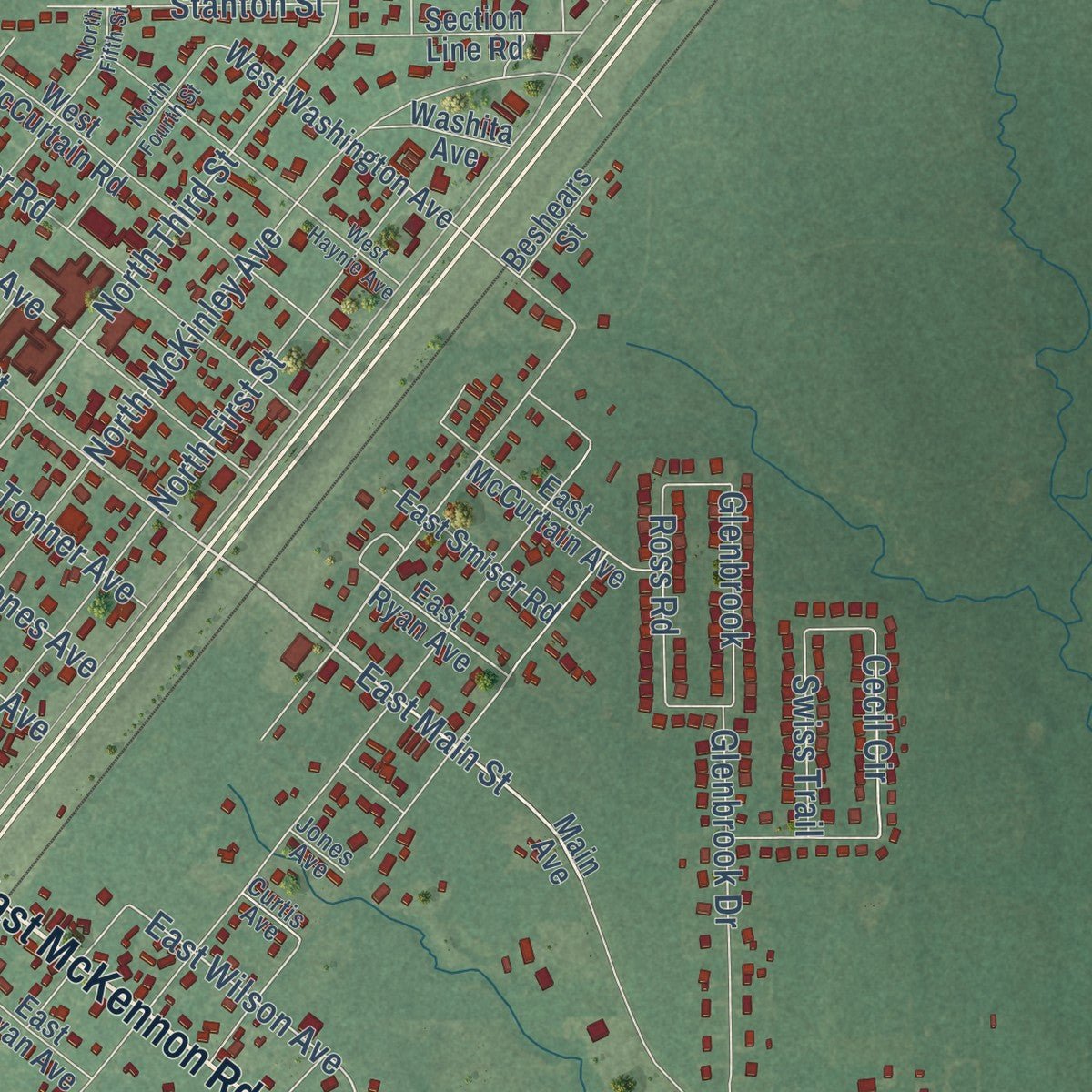Close-up of the map of Calera, Oklahoma print showing street and building detail