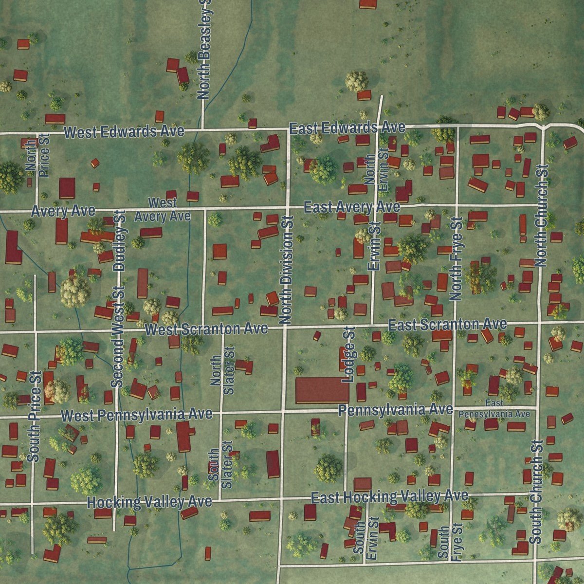 Close-up of the map of Pittsburg, Illinois print showing street and building detail