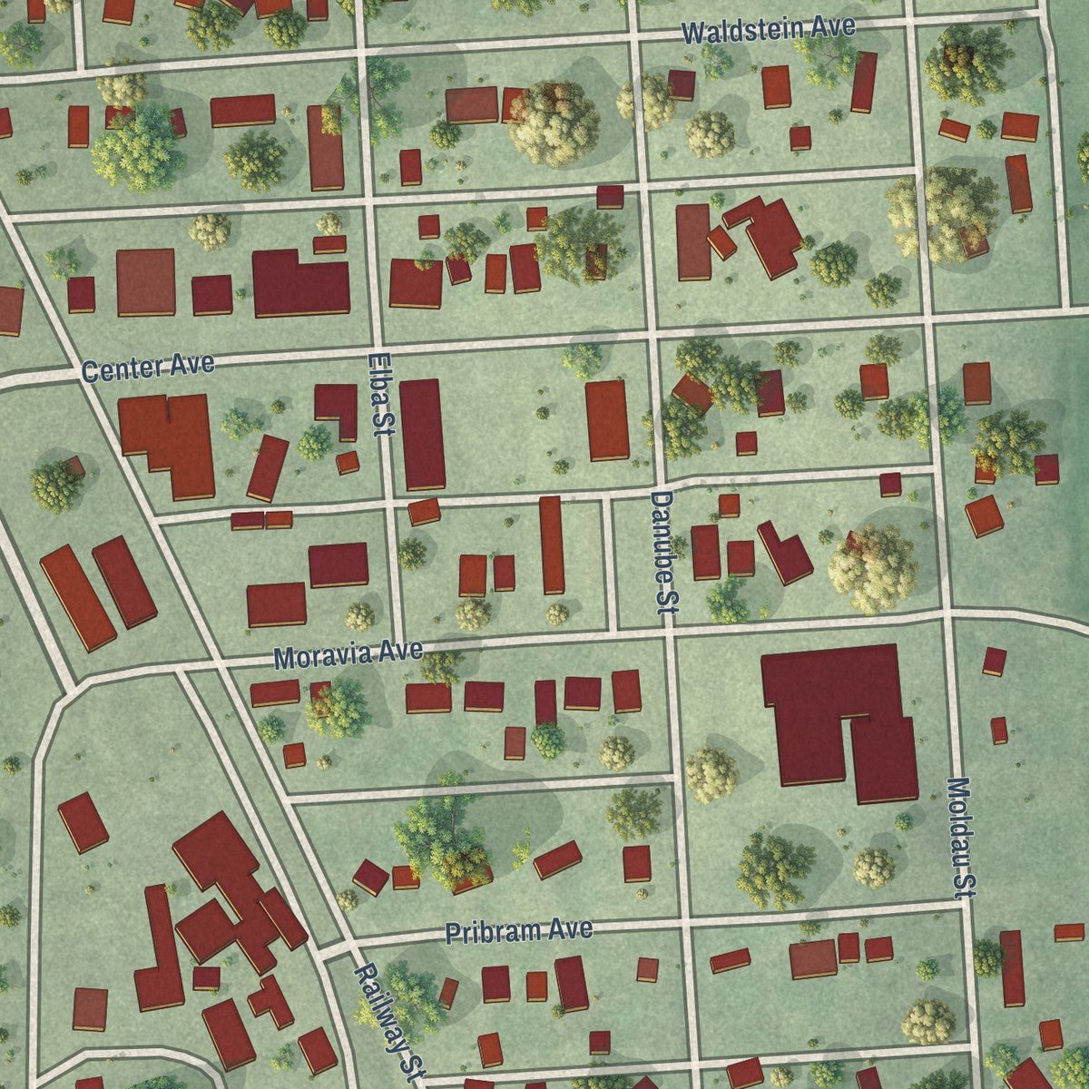 Close-up of the map of Prague, Nebraska print showing street and building detail