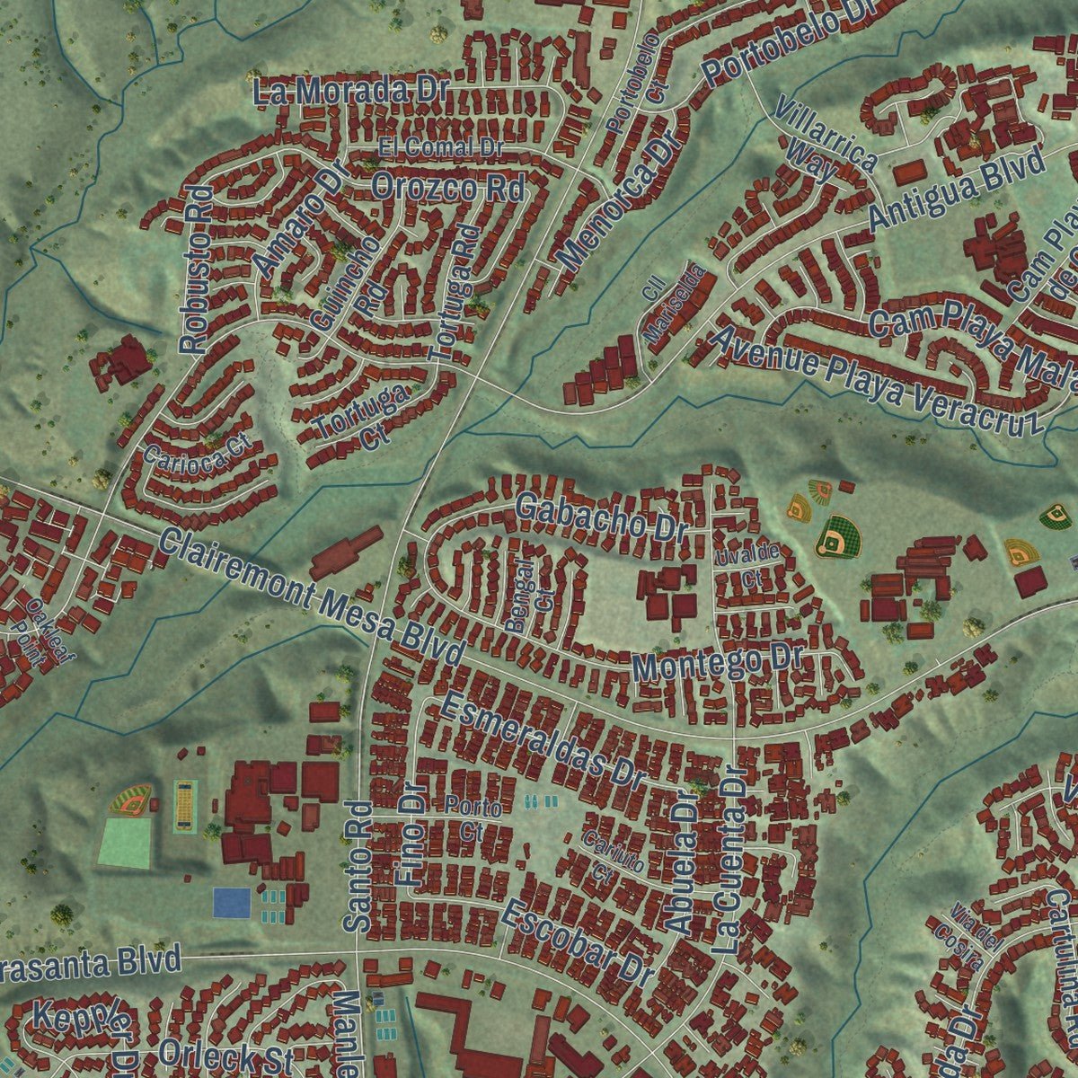 Close-up of the map of Tierrasanta, California print showing street and building detail
