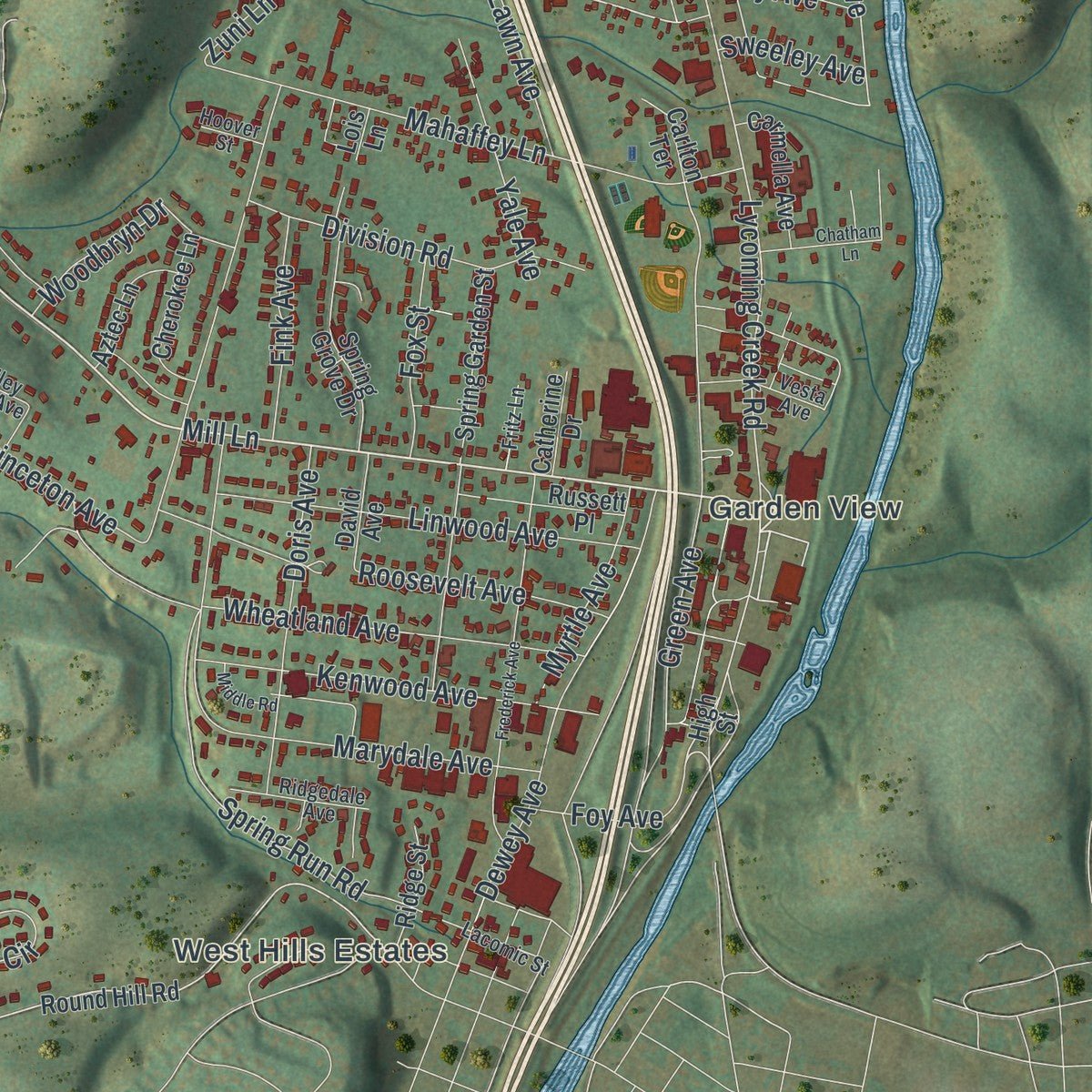 Close-up of the map of Old Lycoming, Pennsylvania print showing street and building detail