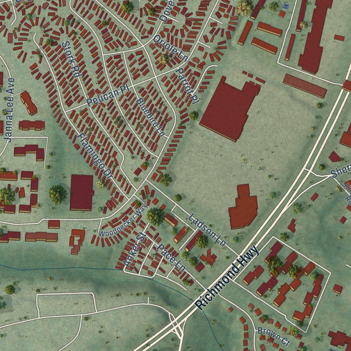 Close-up of the map of Hybla Valley, Virginia print showing street and building detail