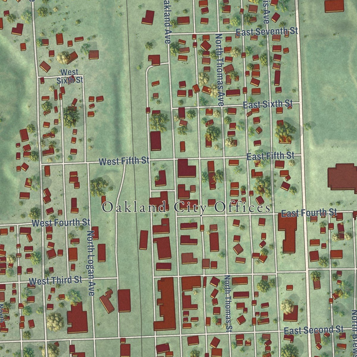 Close-up of the map of Oakland, Nebraska print showing street and building detail