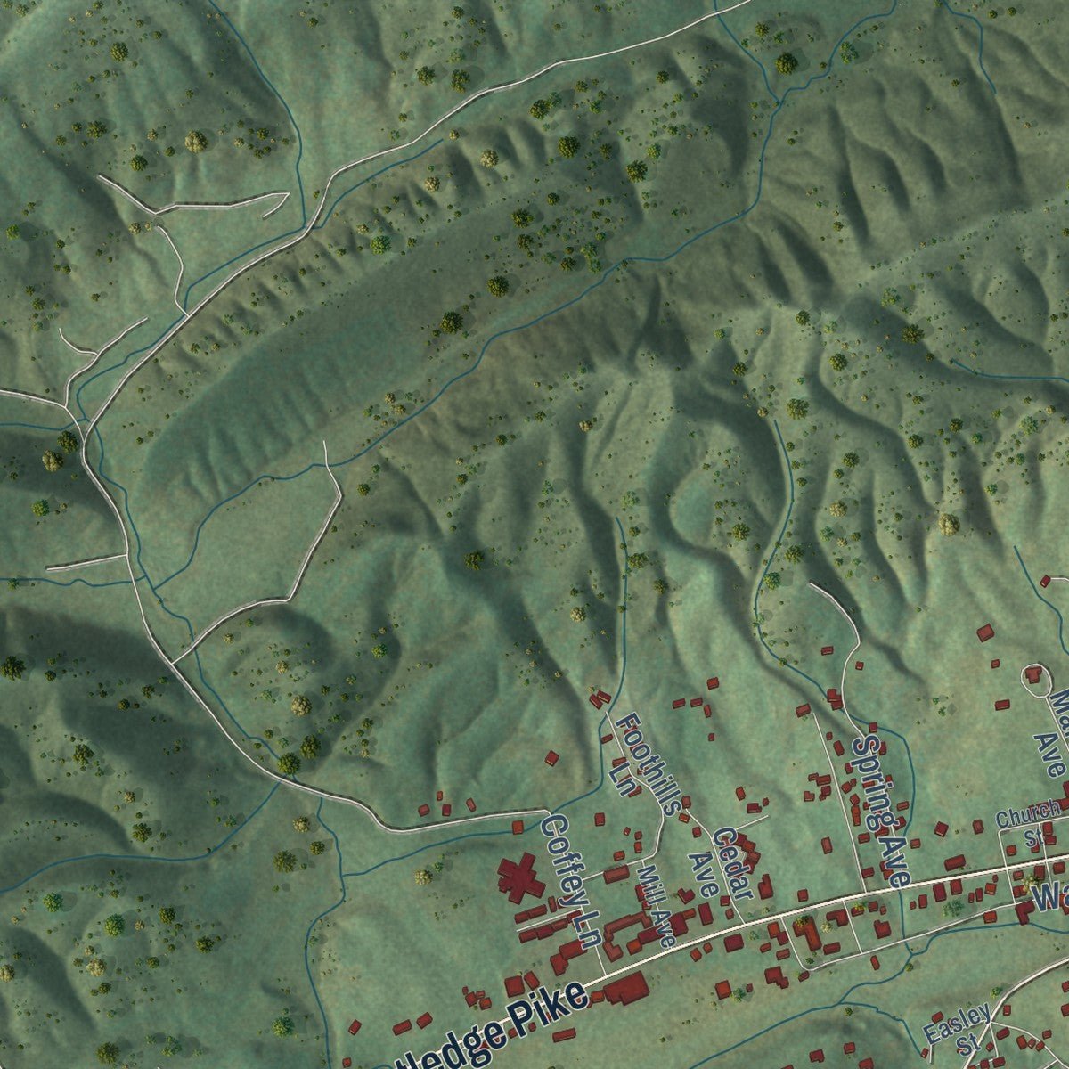 Close-up of the map of Rutledge, Tennessee print showing street and building detail