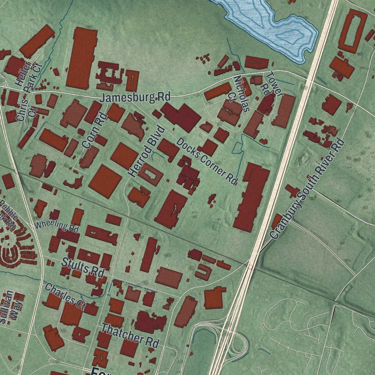 Close-up of the map of South Brunswick, New Jersey print showing street and building detail