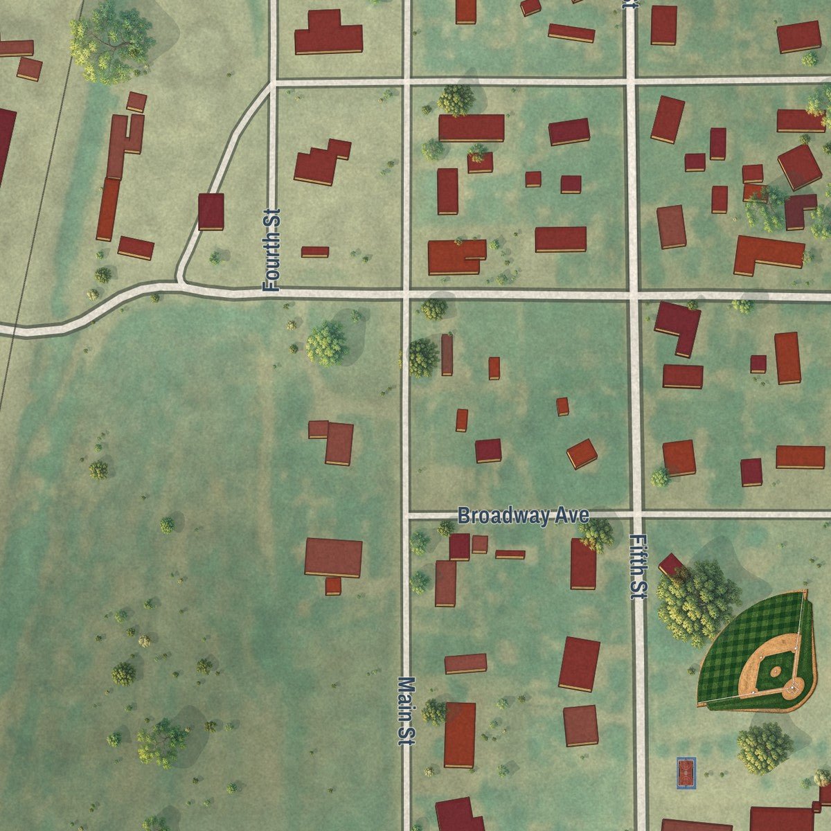 Close-up of the map of Kremlin, Oklahoma print showing street and building detail