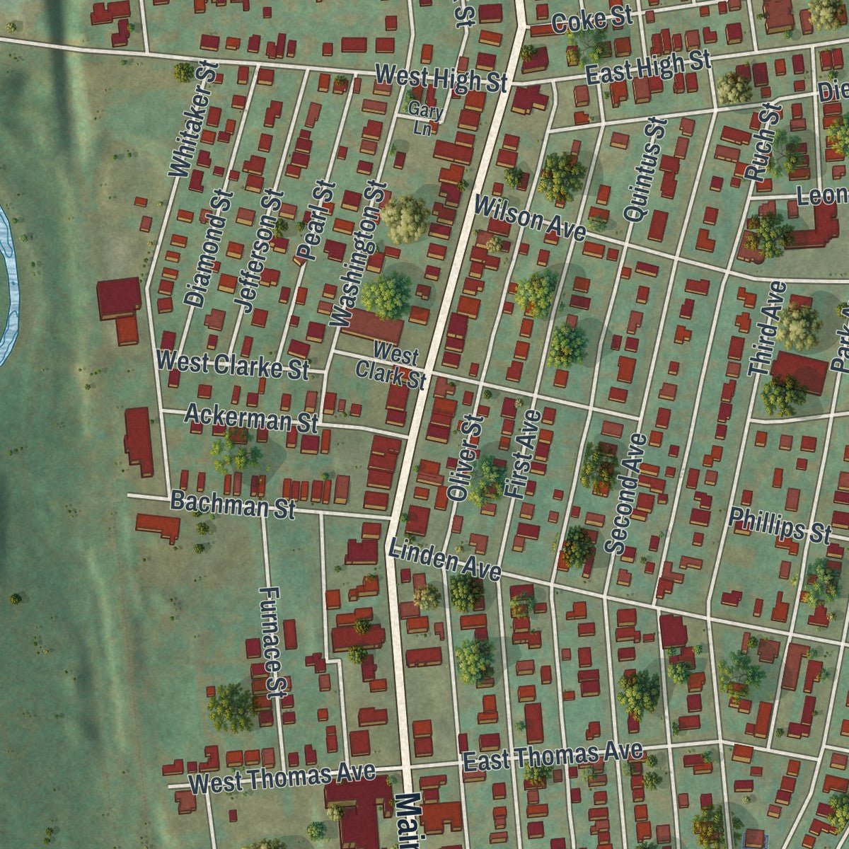 Close-up of the map of Hellertown, Pennsylvania print showing street and building detail