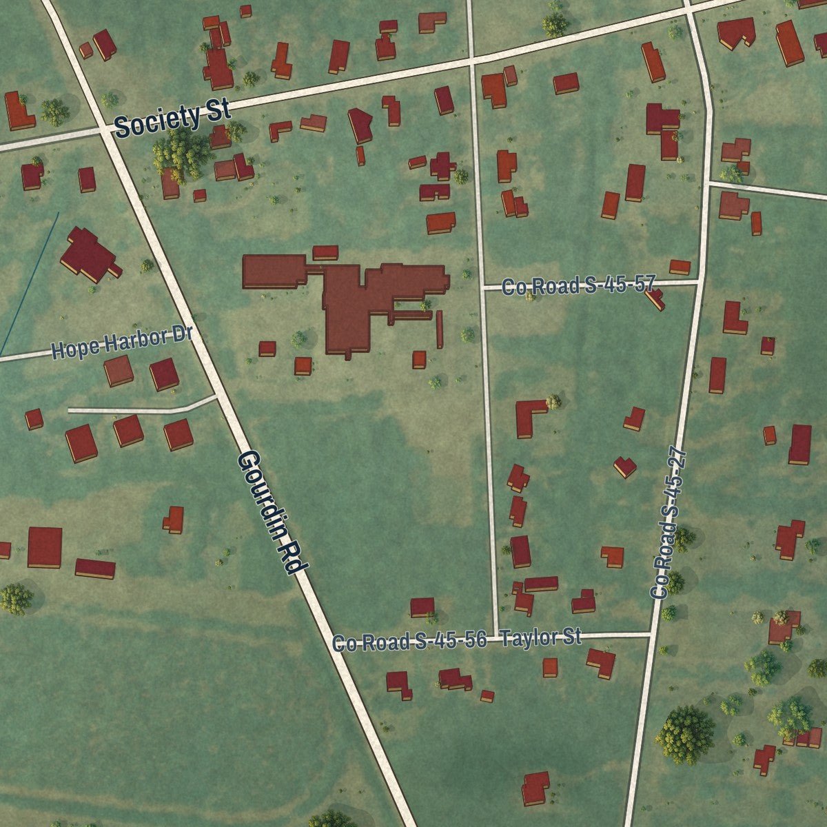 Close-up of the map of Greeleyville, South Carolina print showing street and building detail