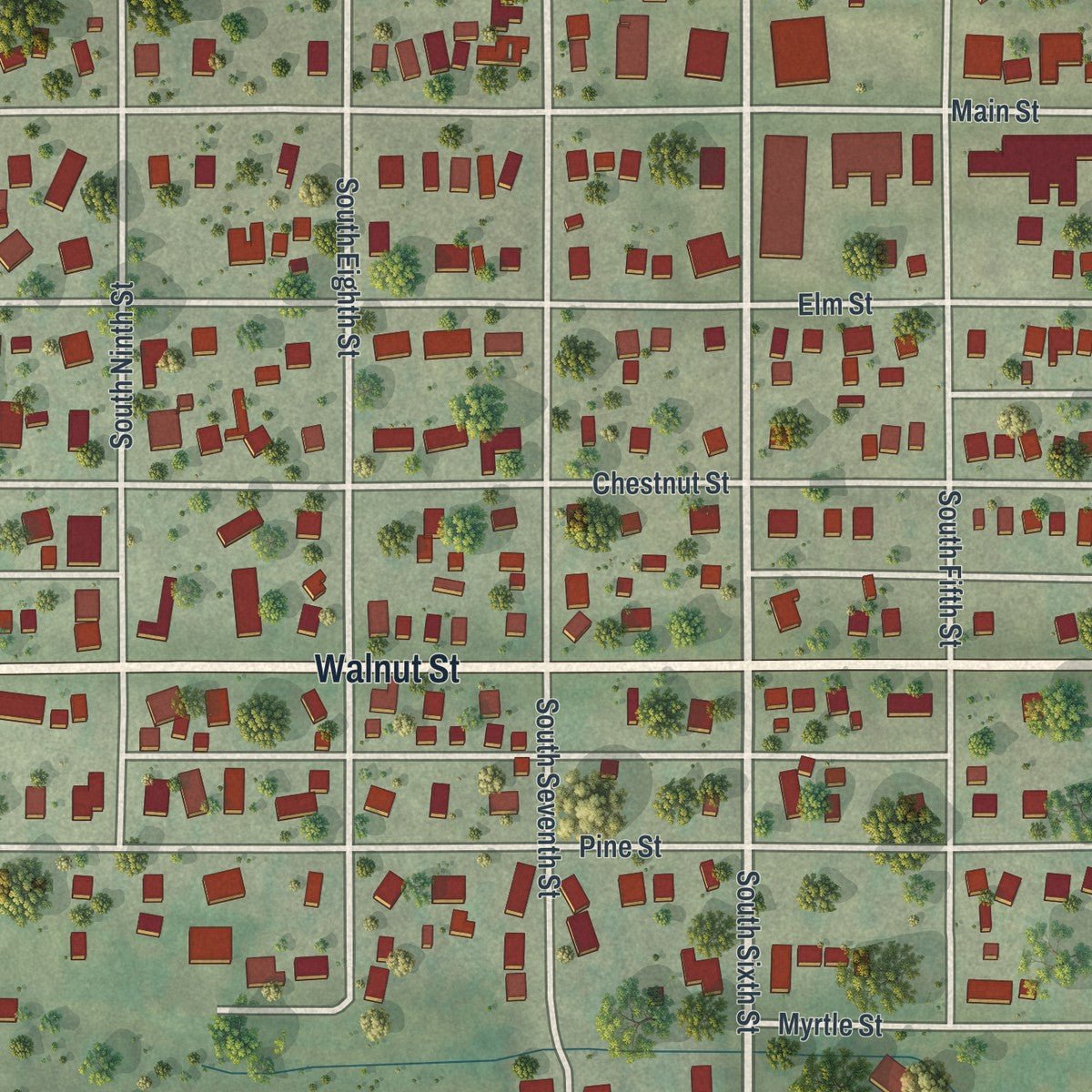 Close-up of the map of Tarkio, Missouri print showing street and building detail