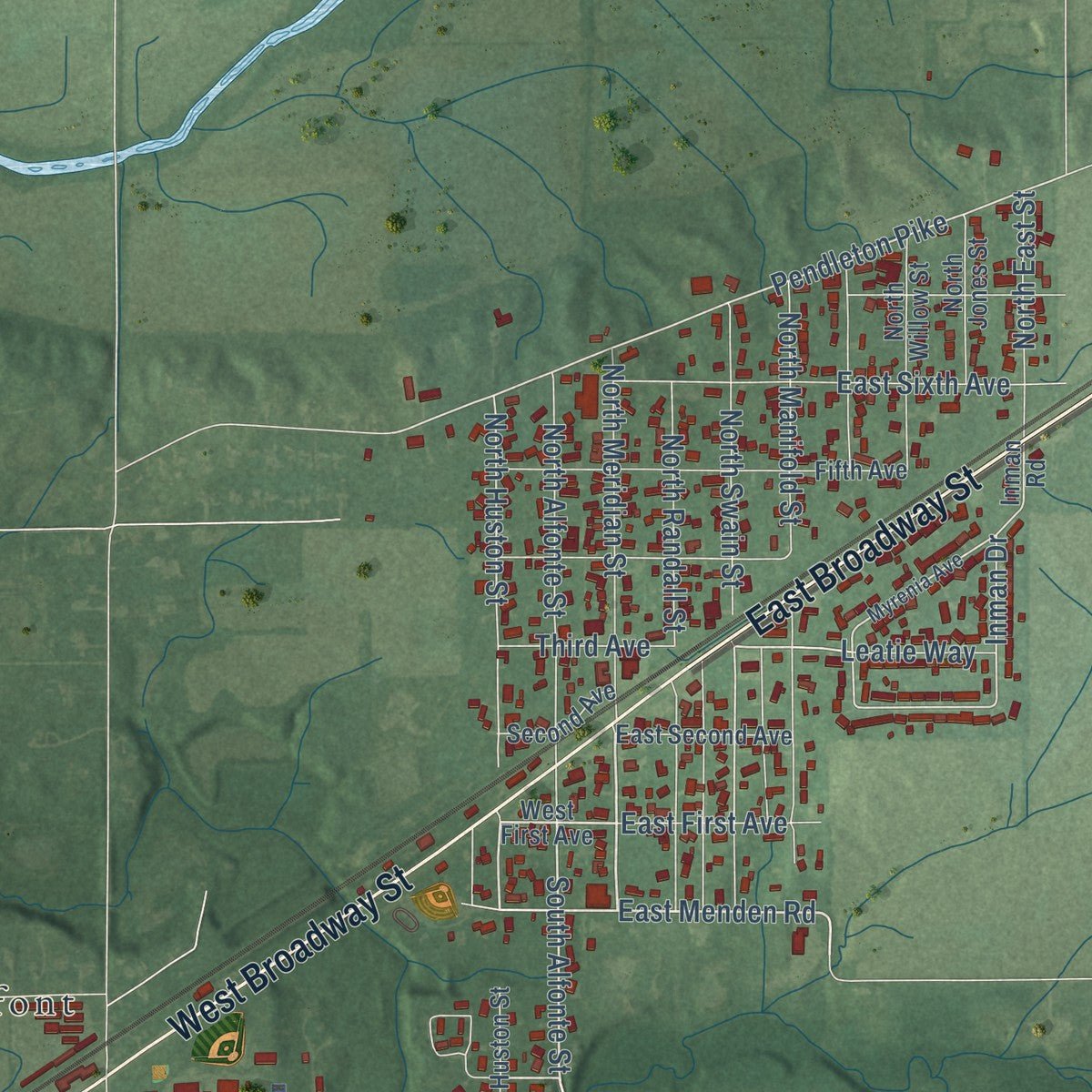 Close-up of the map of Ingalls, Indiana print showing street and building detail