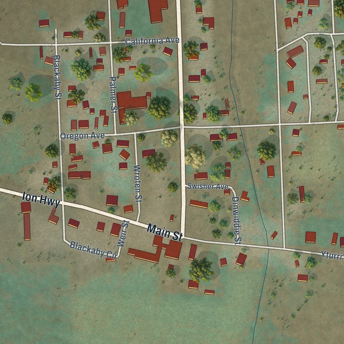 Close-up of the map of Jordan Valley, Oregon print showing street and building detail