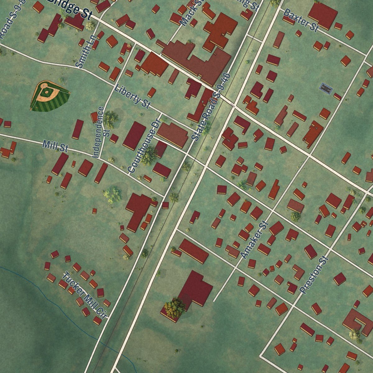 Close-up of the map of St. Matthews, South Carolina print showing street and building detail