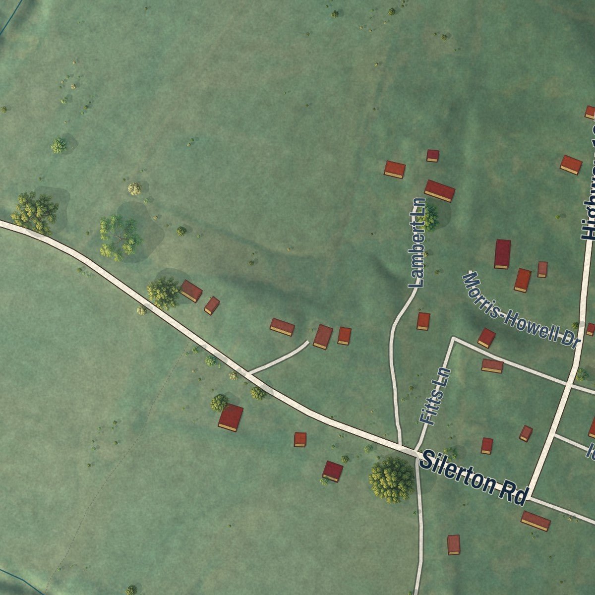 Close-up of the map of Silerton, Tennessee print showing street and building detail