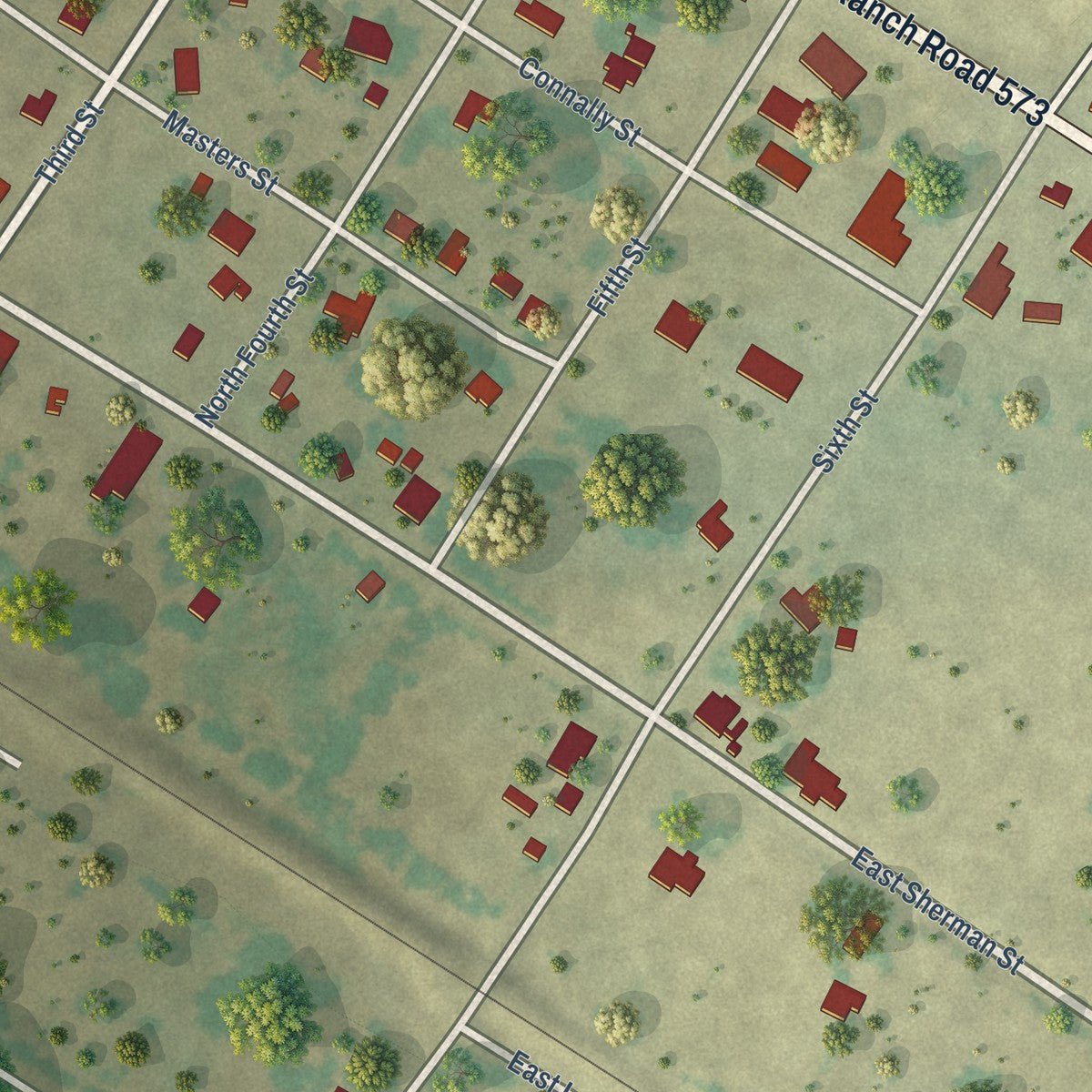 Close-up of the map of Mullin, Texas print showing street and building detail