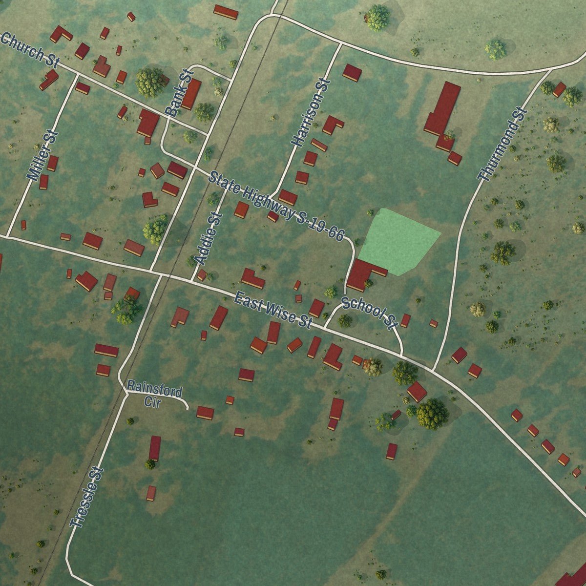 Close-up of the map of Trenton, South Carolina print showing street and building detail