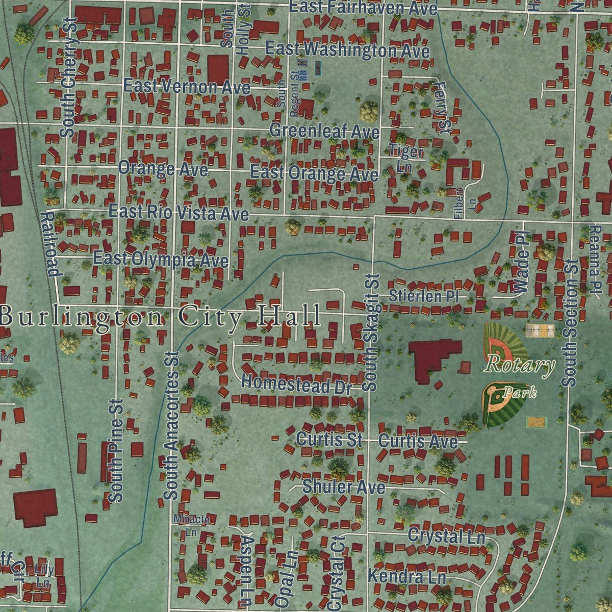 Close-up of the map of Burlington, Washington print showing street and building detail