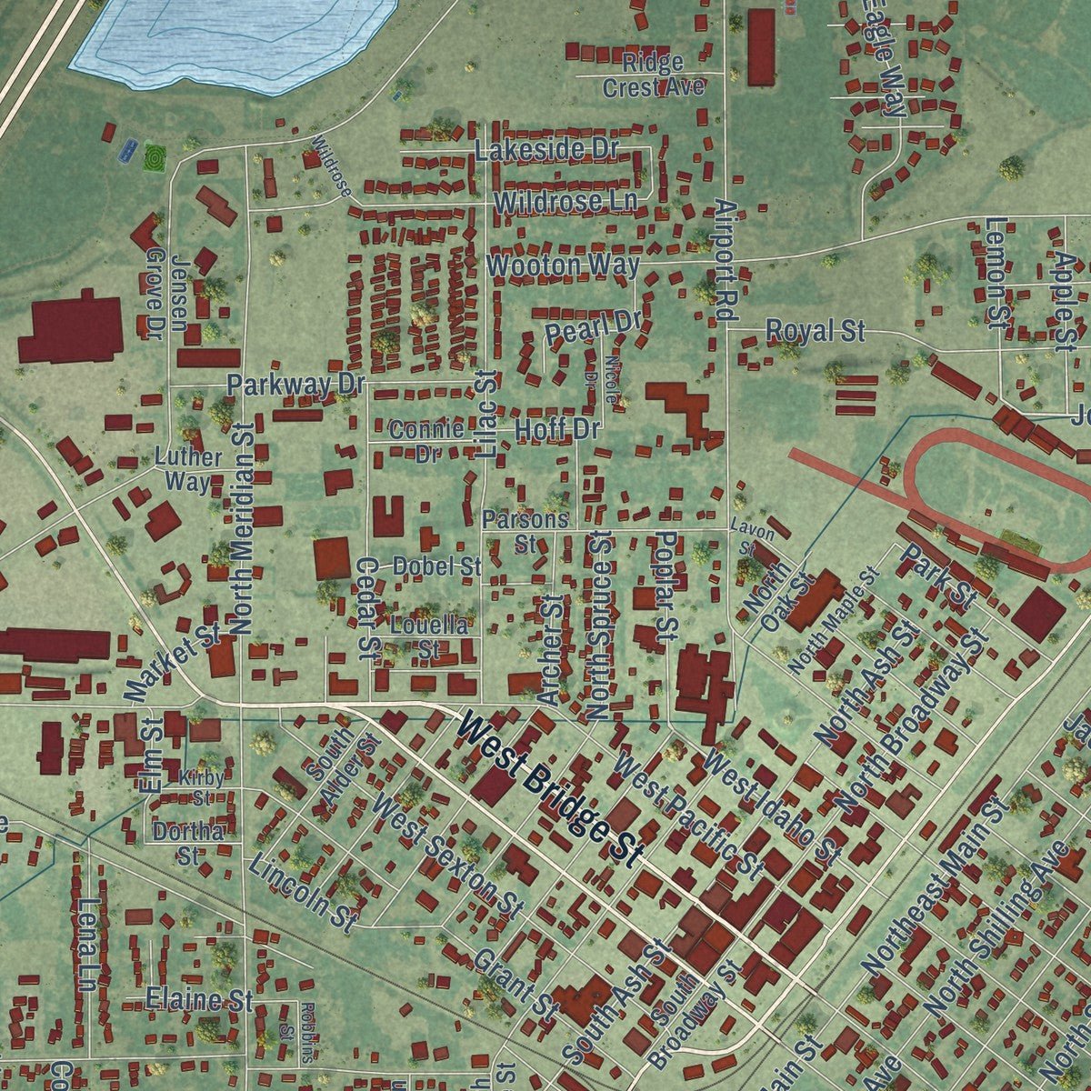 Close-up of the map of Blackfoot, Idaho print showing street and building detail