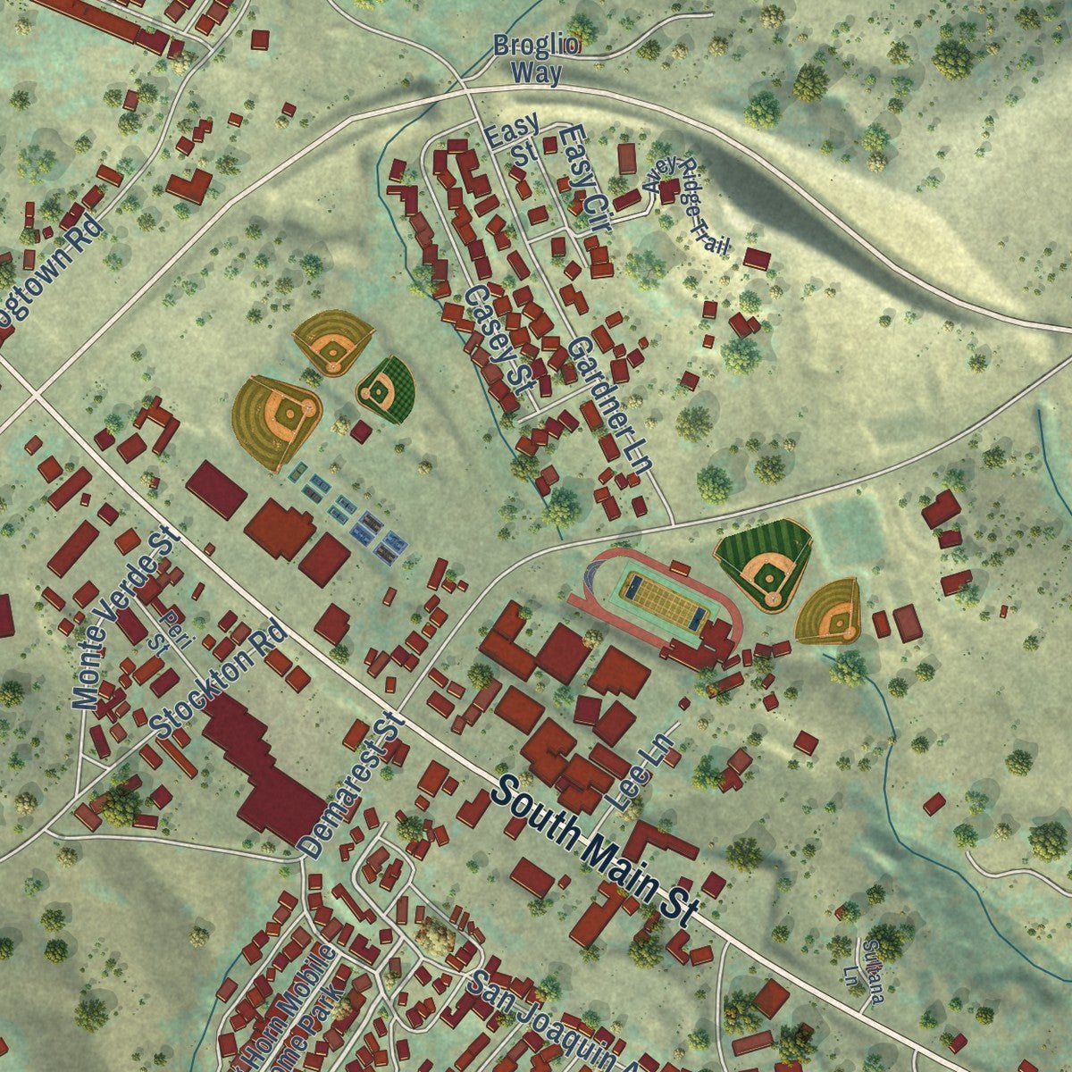 Close-up of the map of Angels Camp, California print showing street and building detail
