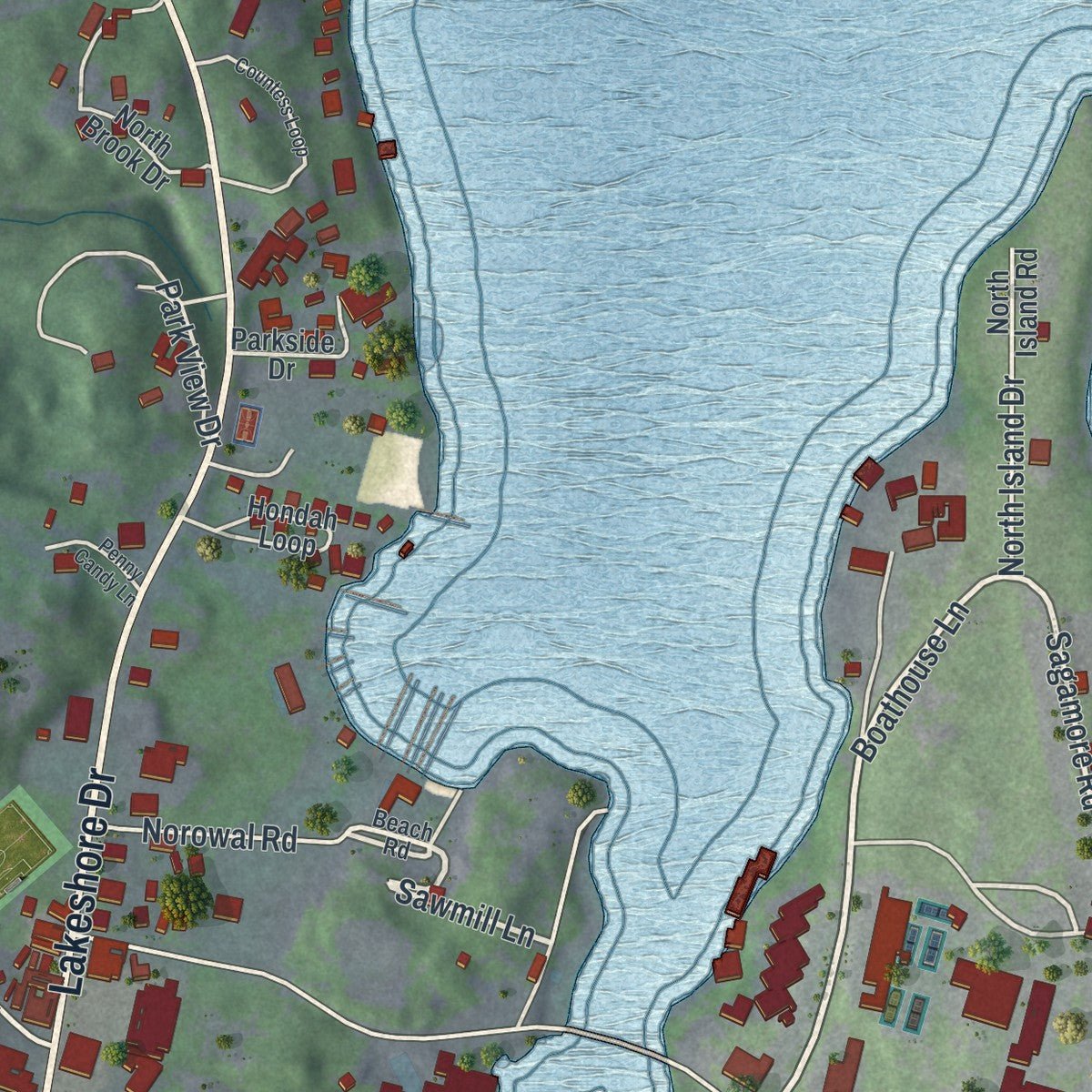 Close-up of the map of Bolton Landing, New York print showing street and building detail