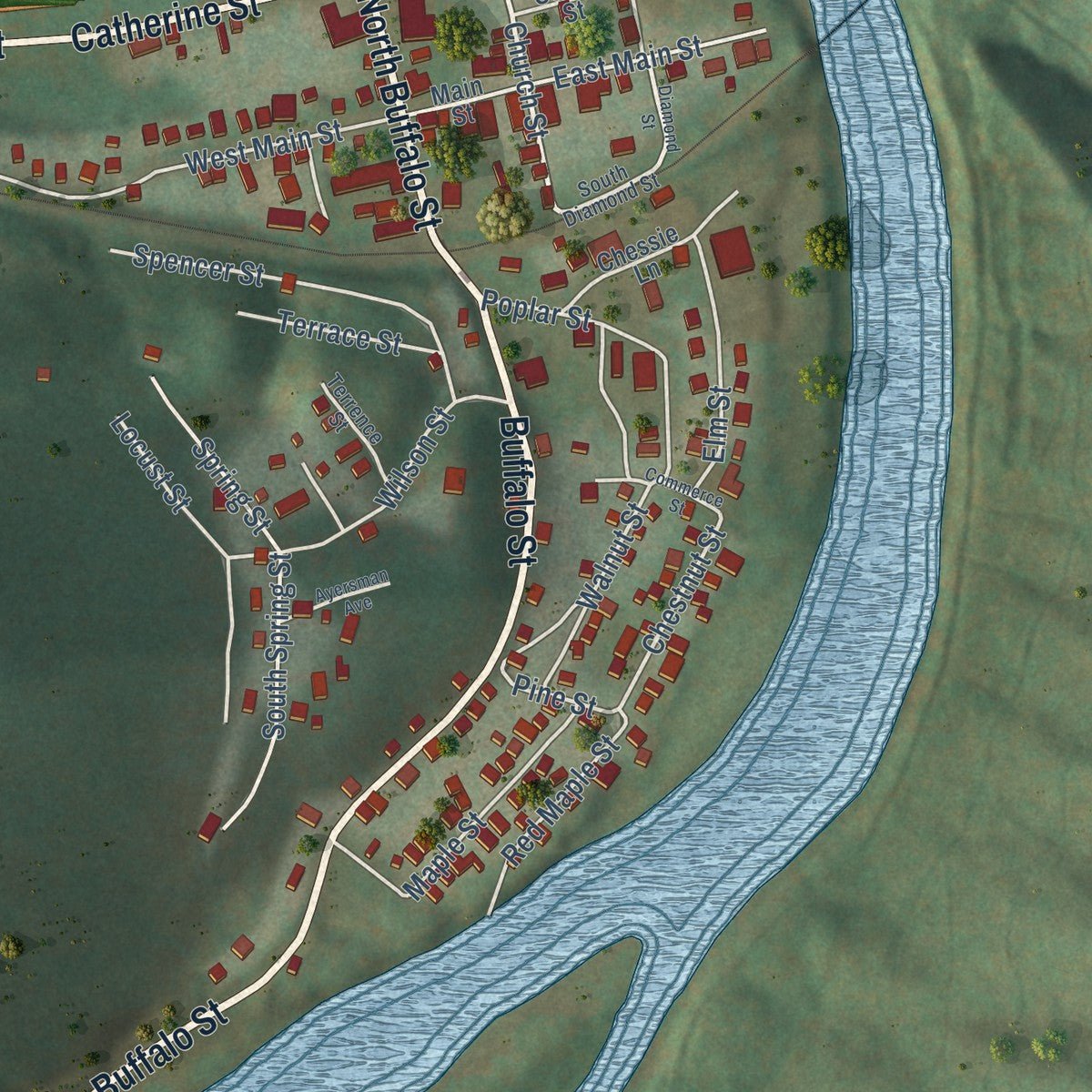 Close-up of the map of Rowlesburg, West Virginia print showing street and building detail