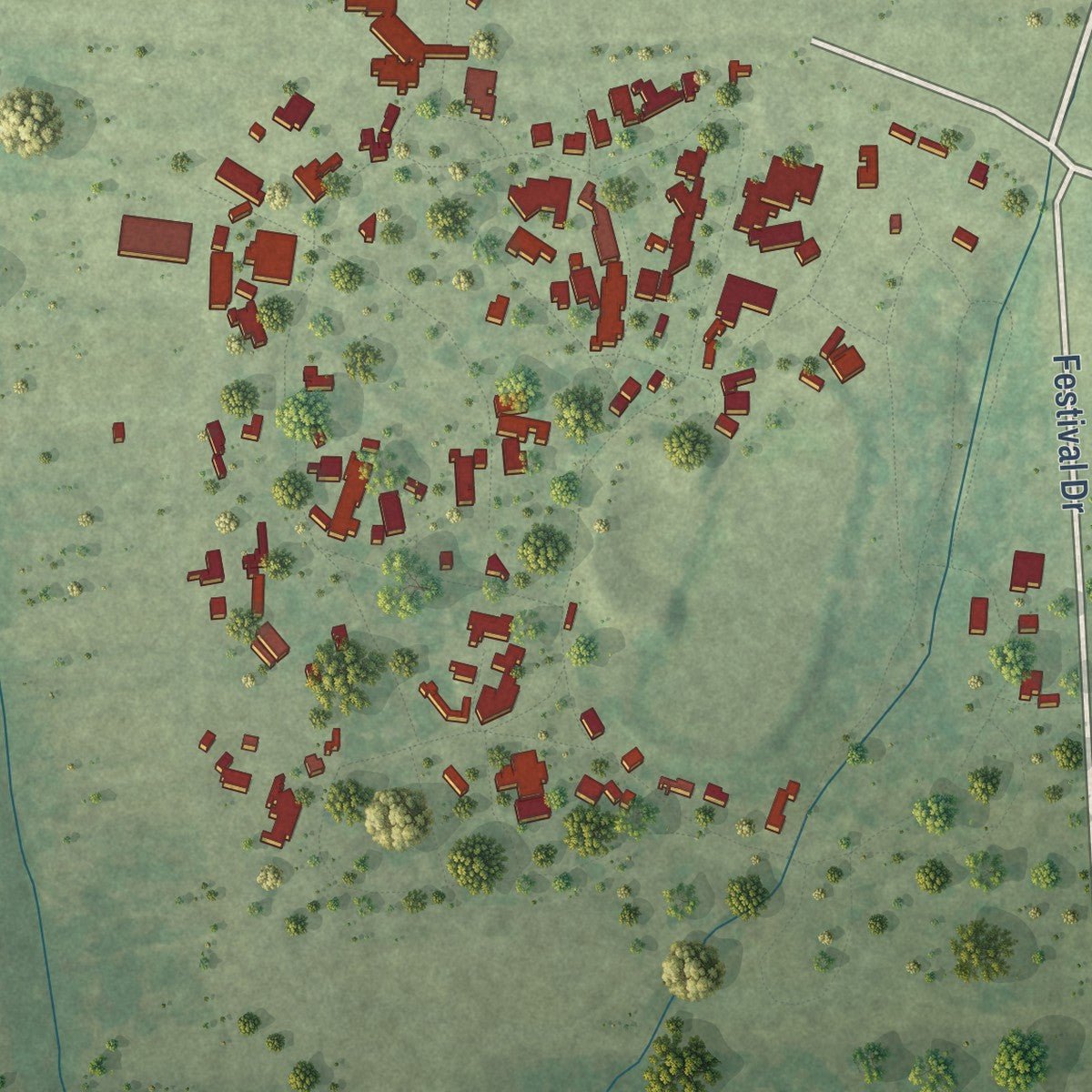 Close-up of the map of Todd Mission, Texas print showing street and building detail