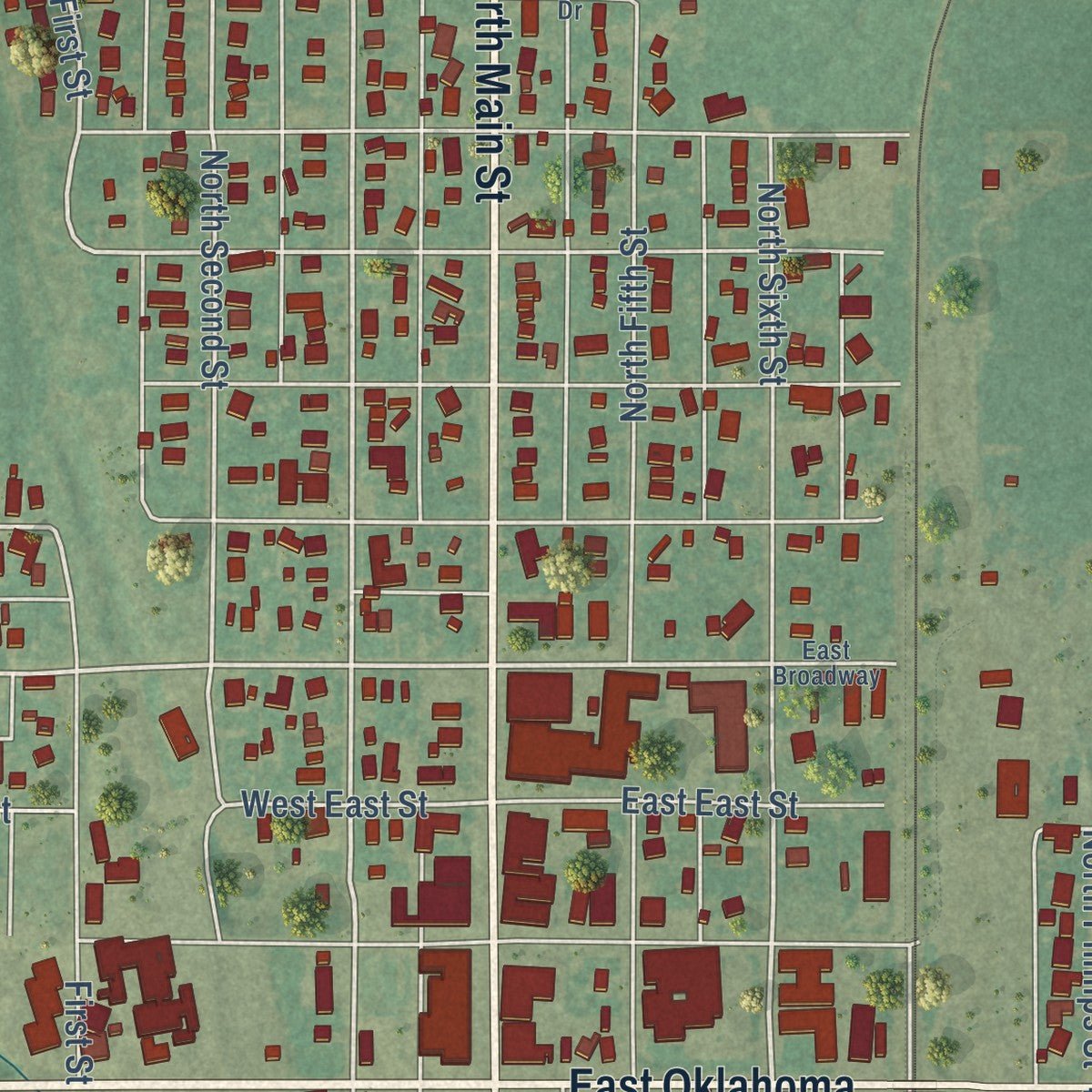 Close-up of the map of Okeene, Oklahoma print showing street and building detail