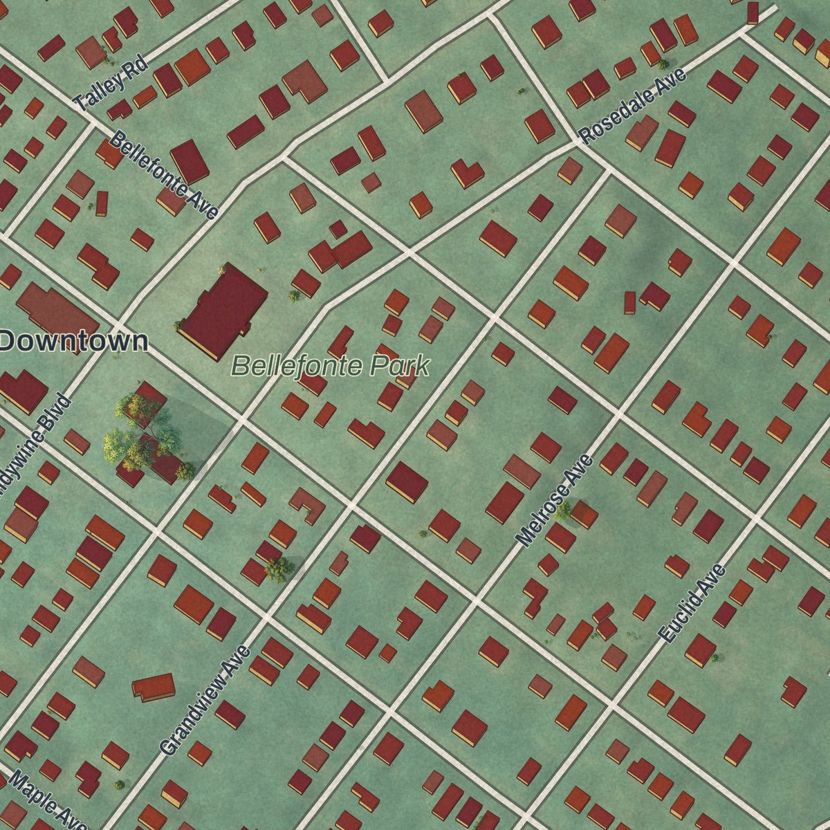 Close-up of the map of Bellefonte, Delaware print showing street and building detail