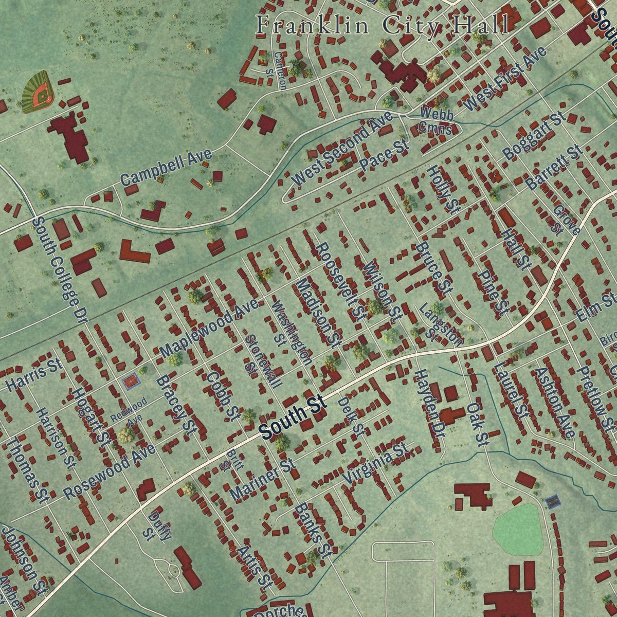 Close-up of the map of Franklin, Virginia print showing street and building detail