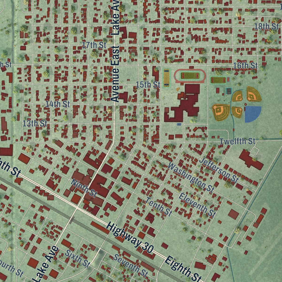 Close-up of the map of Gothenburg, Nebraska print showing street and building detail