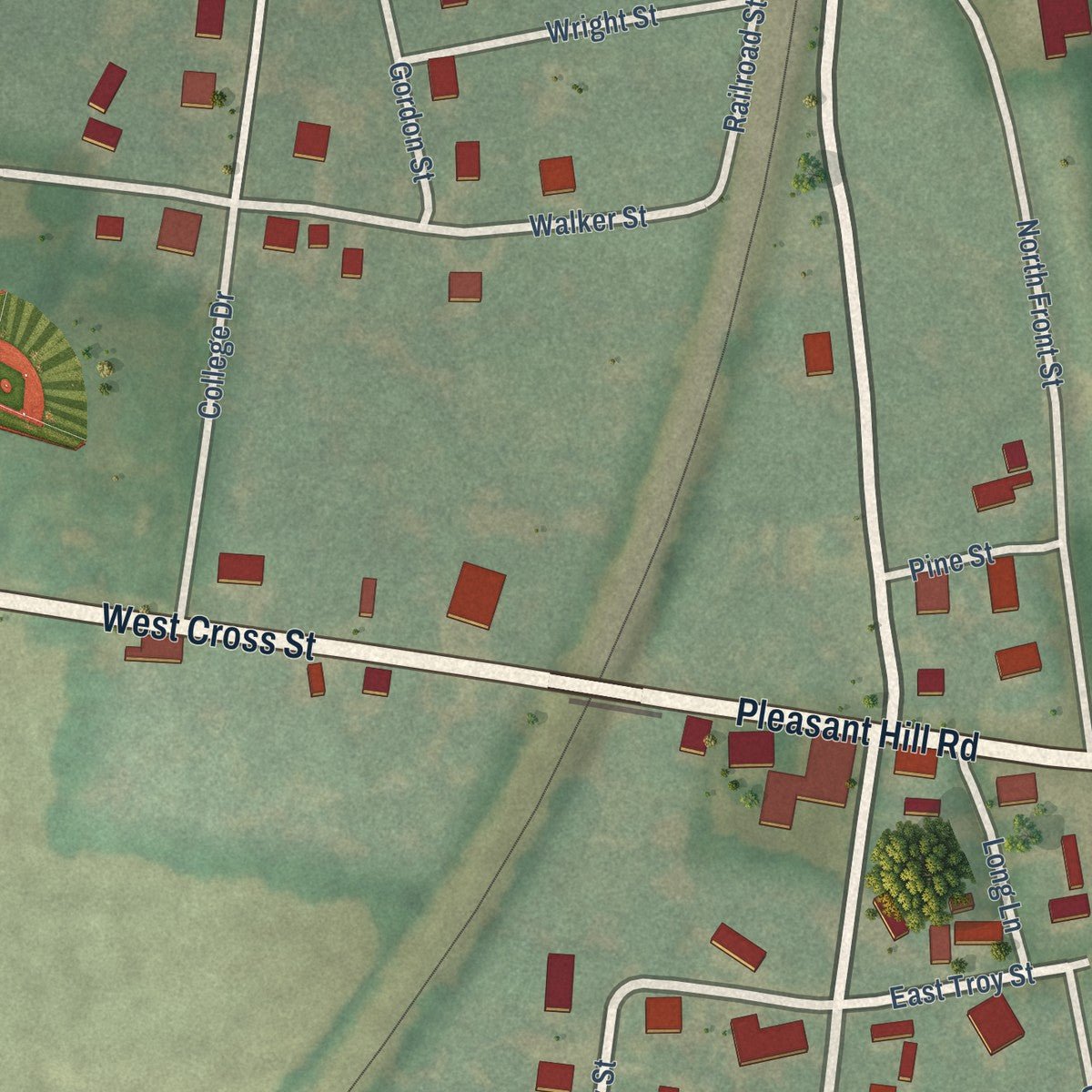 Close-up of the map of Rives, Tennessee print showing street and building detail