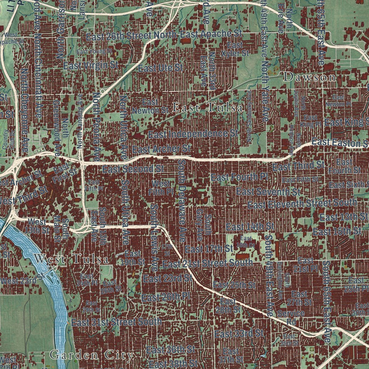 Close-up of the map of Tulsa, Oklahoma print showing street and building detail