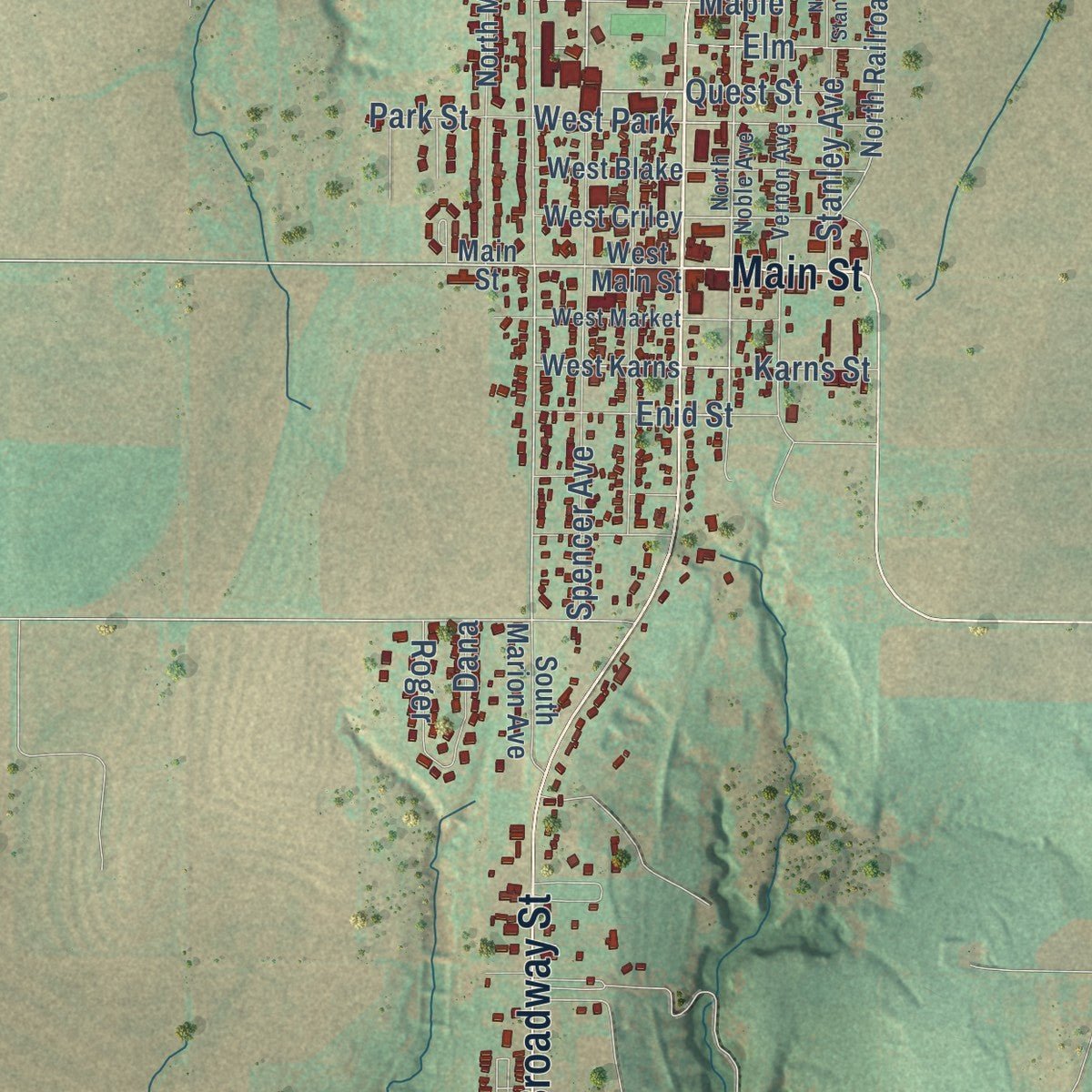 Close-up of the map of Hinton, Oklahoma print showing street and building detail