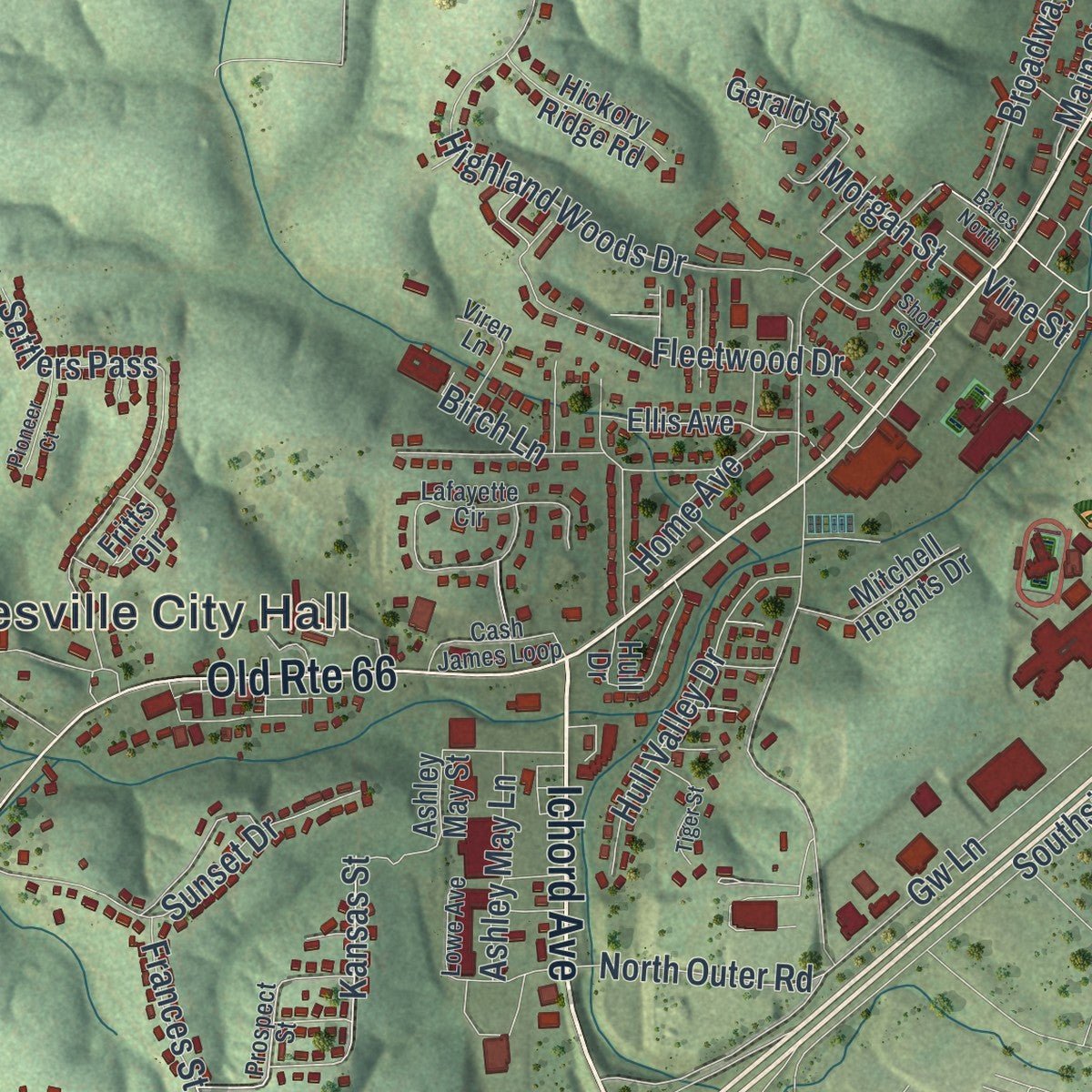 Close-up of the map of Waynesville, Missouri print showing street and building detail
